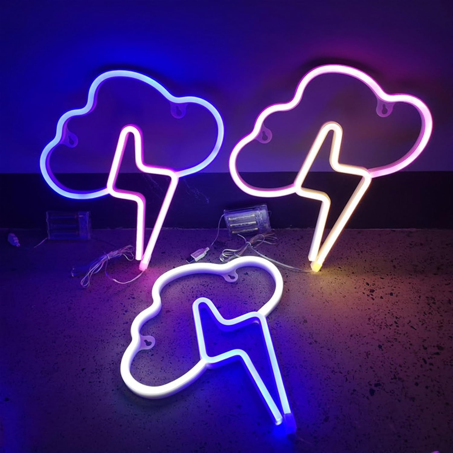 1 lumières néon LED nuages, panneau néon effet éclair, décoration murale néon LED alimentée par piles ou USB