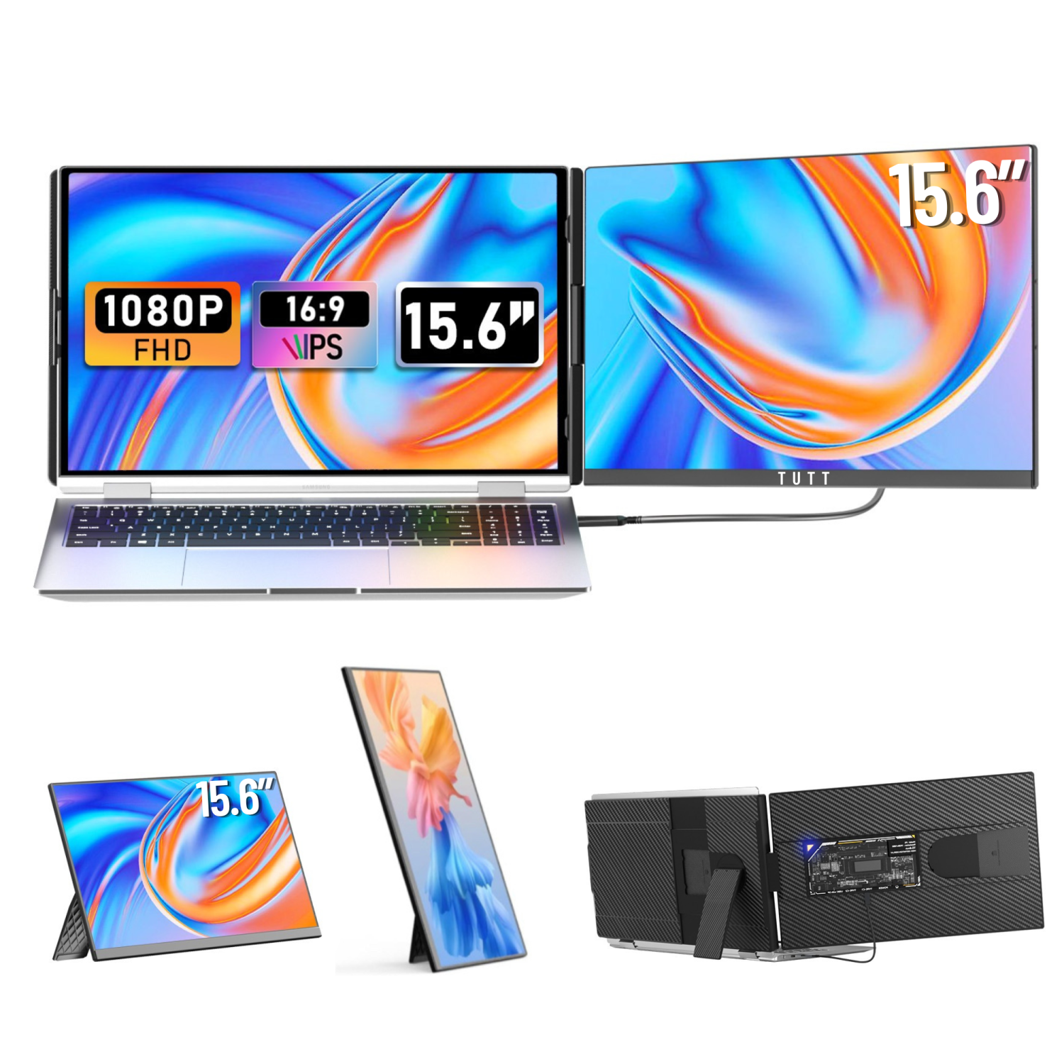 TUTT 15.6” Portable Monitor | Multi-Position IPS FHD Screen Extender | USB-C & HDMI, Built-in Speakers, P5