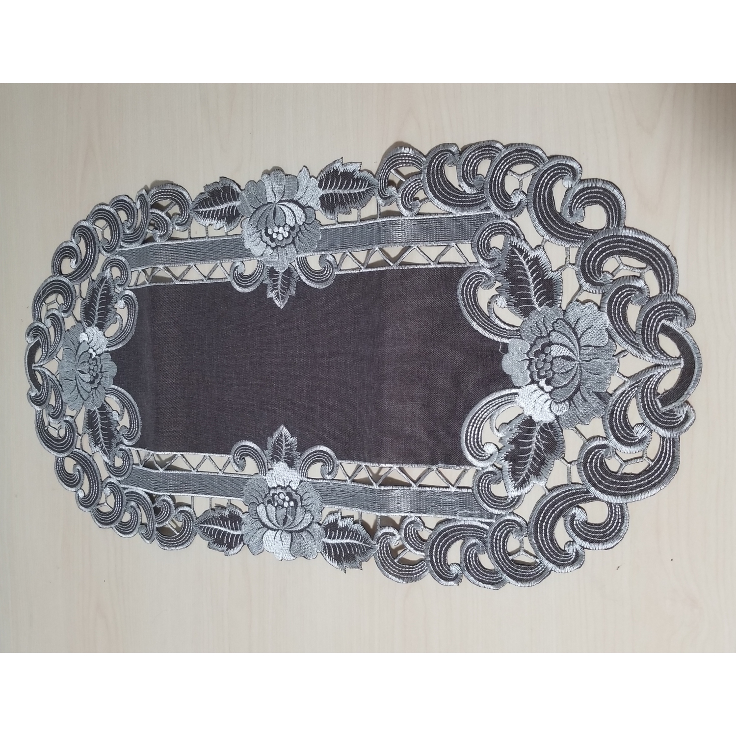 Cocoa Linen Embroidered Cutwork Rectangular Table Runner, 13 by 26 inch Table Linen Decor, Water Resistance, Machine Wash safe