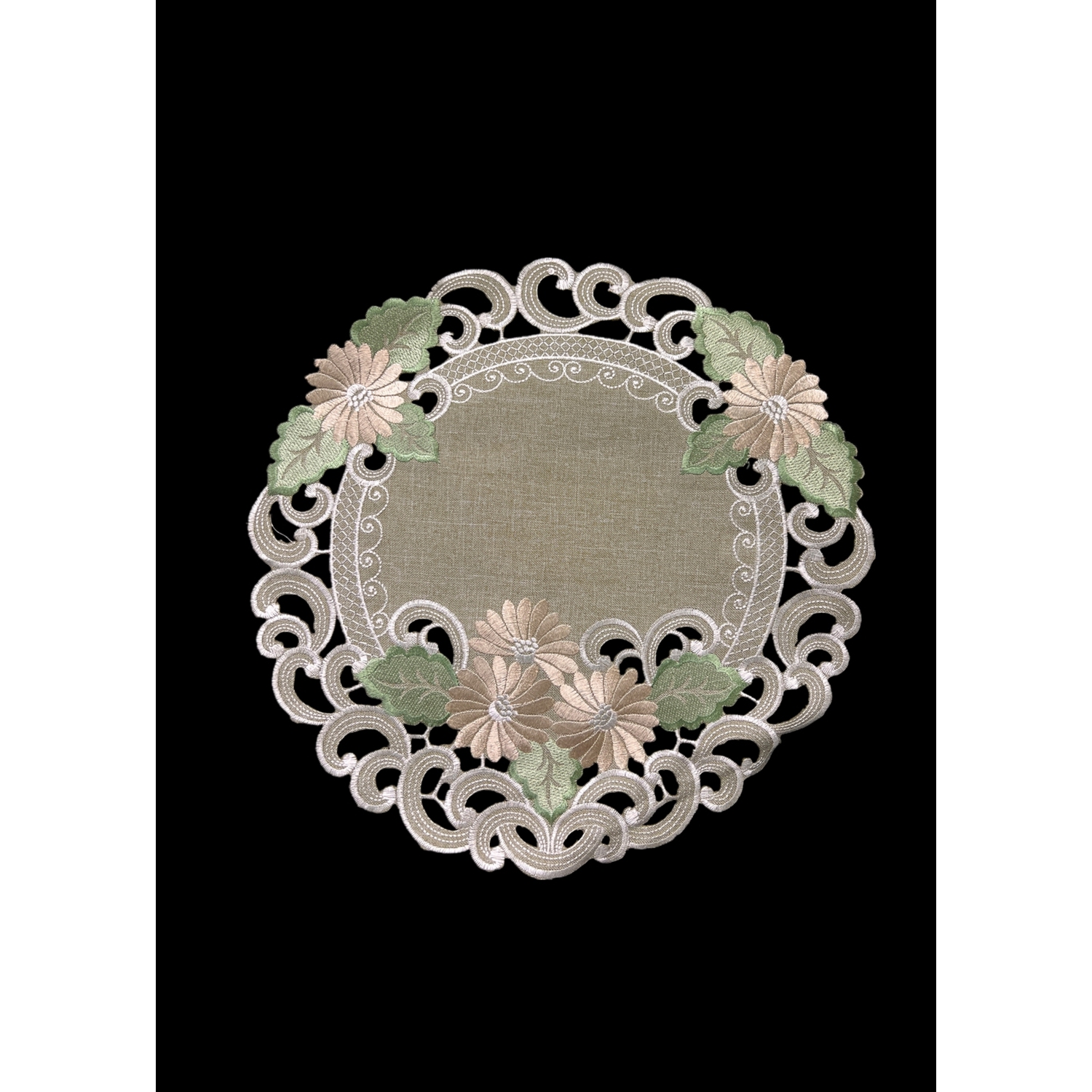 Fleur Latte Embroidered Cutwork Round Placemat, 23-Inch diameter Table Linen Decor, Water Resistance, Machine Wash safe
