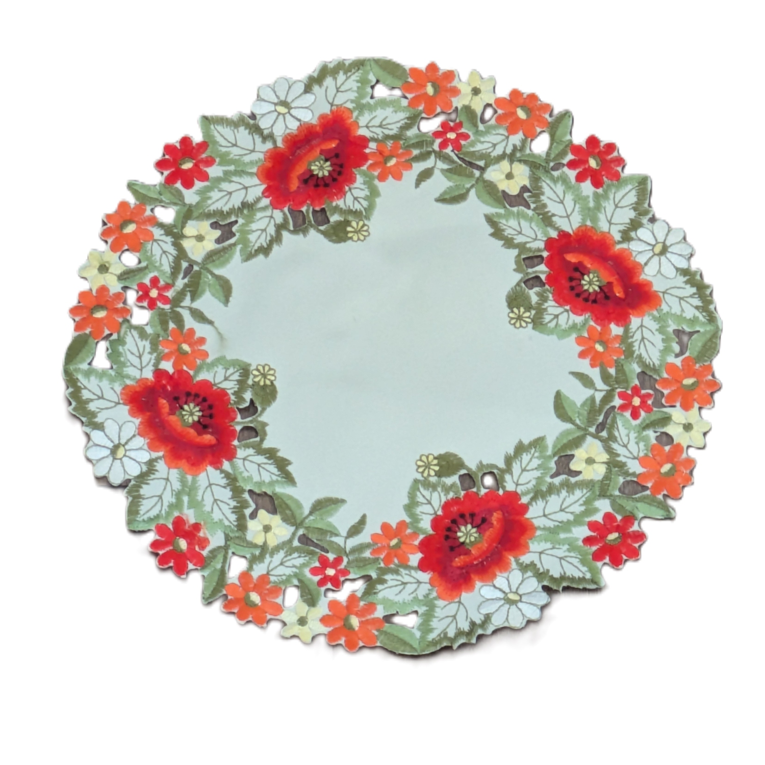 Peace Poppy Embroidered Cutwork Round Placemat, 11-Inch diameter Table Linen Decor, Water Resistance, Machine Wash safe