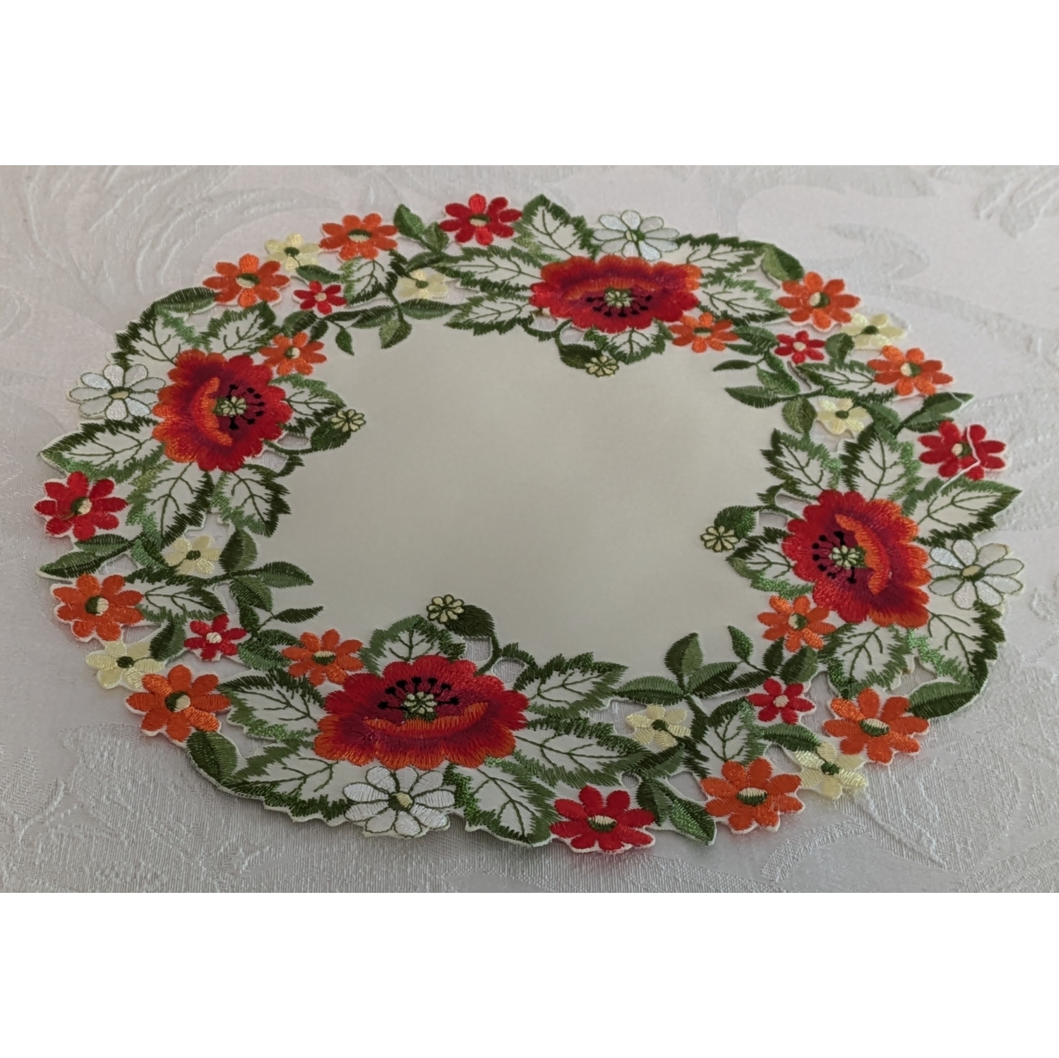 Peace Poppy Embroidered Cutwork Round Placemat, 11-Inch diameter Table Linen Decor, Water Resistance, Machine Wash safe