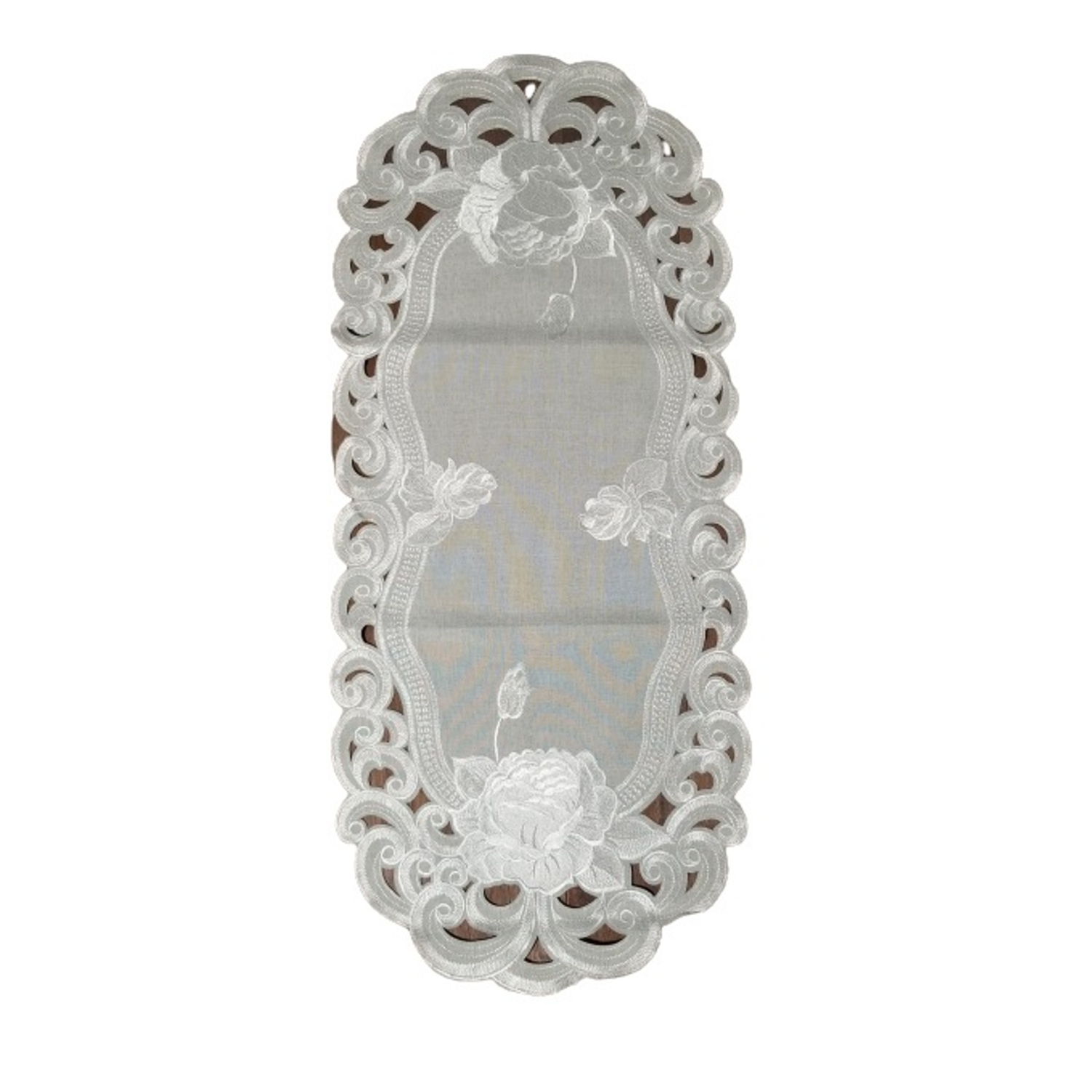 Silver Rose Embroidered Cutwork Rectangular Table Runner, 14 by 32 inch Table Linen Decor, Water Resistance, Machine Wash safe