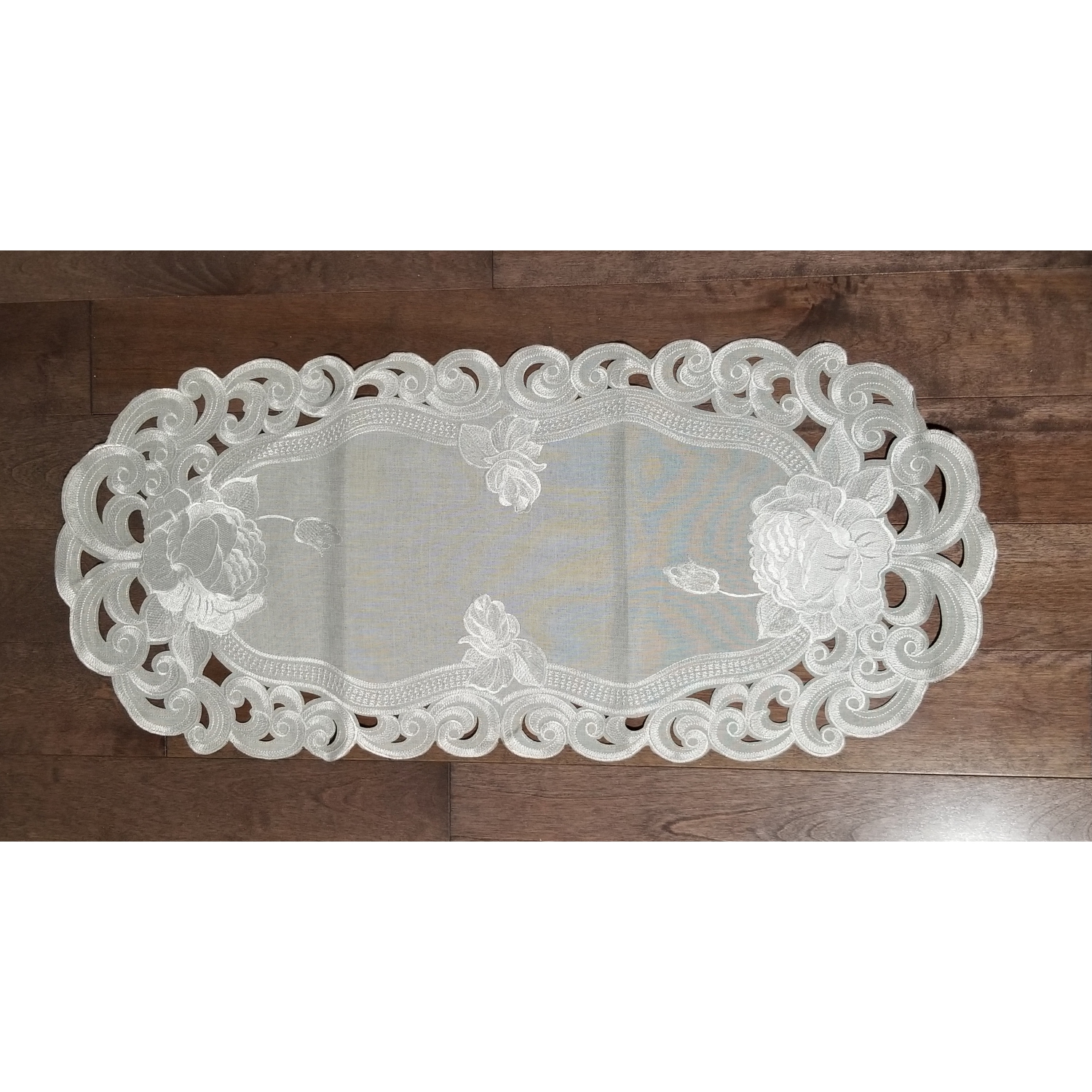 Silver Rose Embroidered Cutwork Rectangular Table Runner, 14 by 32 inch Table Linen Decor, Water Resistance, Machine Wash safe