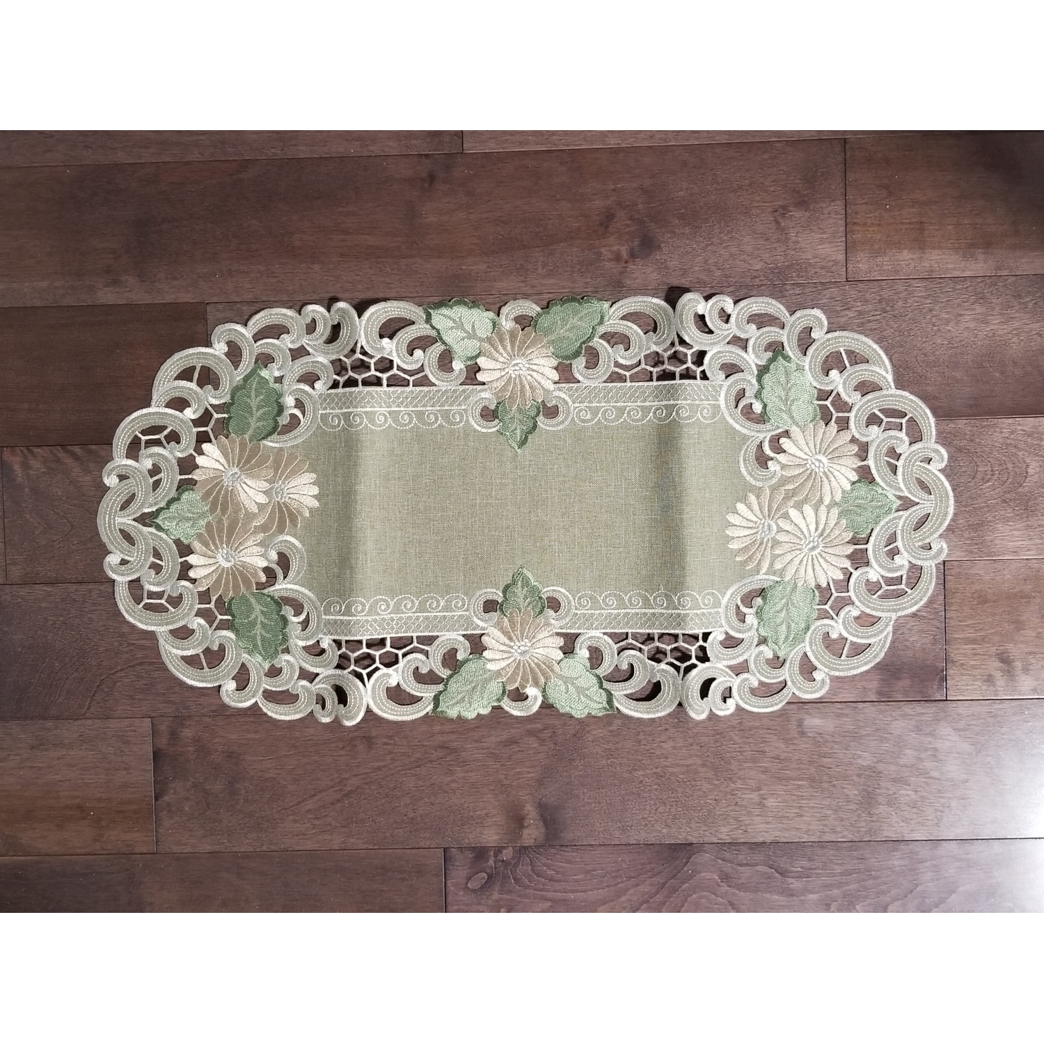 Fleur Latte Embroidered Cutwork Rectangular Table Runner, 13 by 26 inch Table Linen Decor, Water Resistance, Machine Wash safe