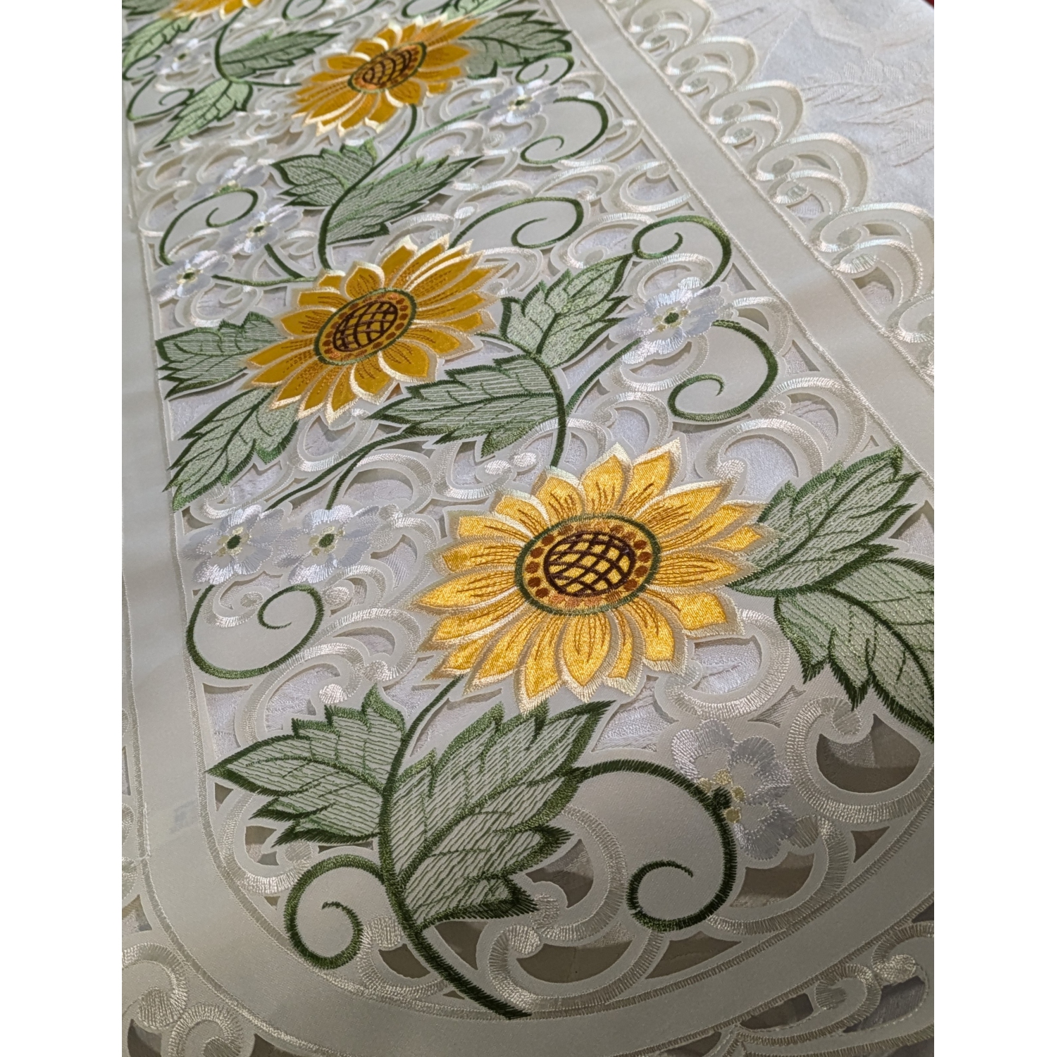 Sunflower Embroidered Cutwork Rectangular Table Runner, 16 by 45 inch Table Linen Decor, Water Resistance, Machine Wash safe