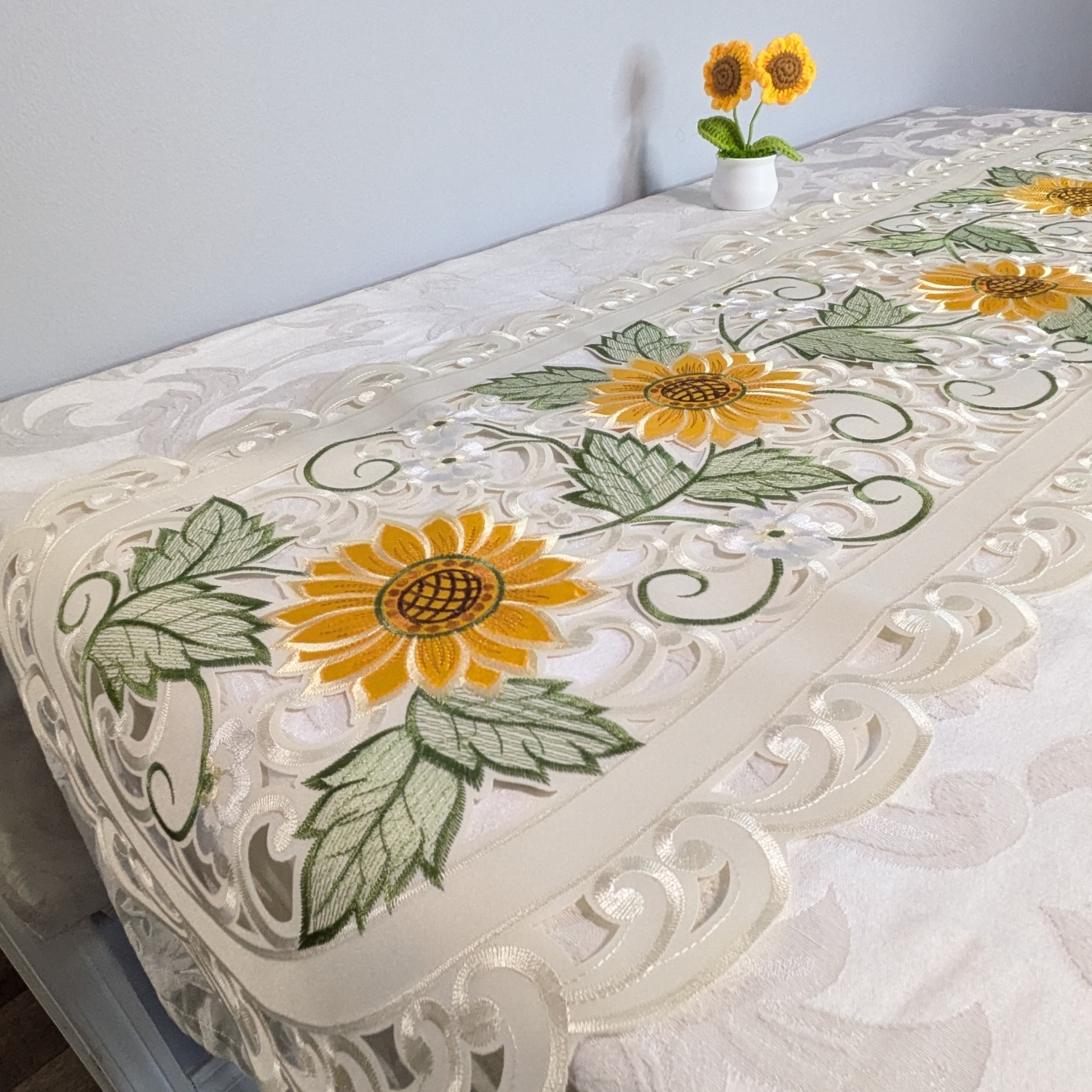 Sunflower Embroidered Cutwork Rectangular Table Runner, 16 by 45 inch Table Linen Decor, Water Resistance, Machine Wash safe