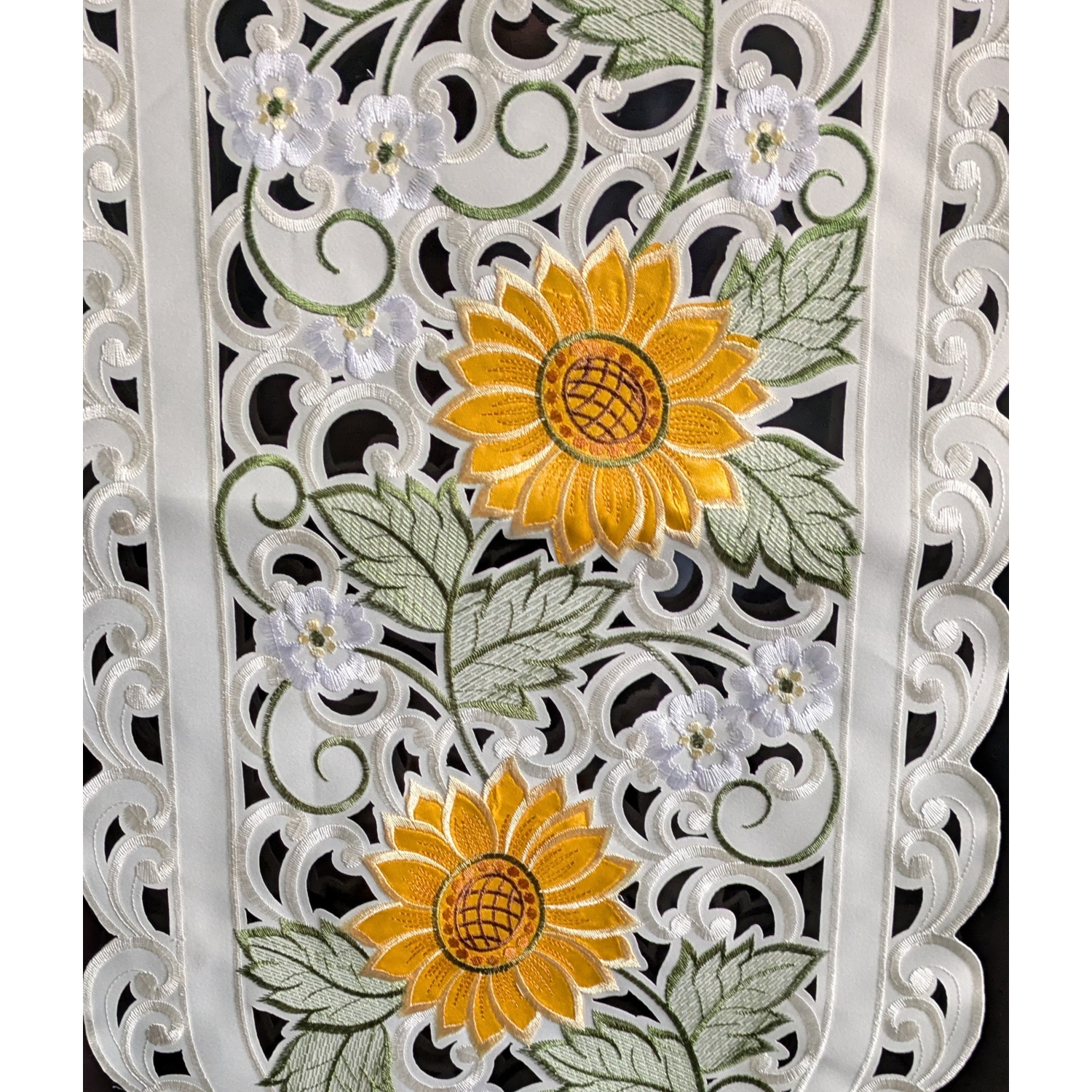 Sunflower Embroidered Cutwork Rectangular Table Runner, 16 by 45 inch Table Linen Decor, Water Resistance, Machine Wash safe