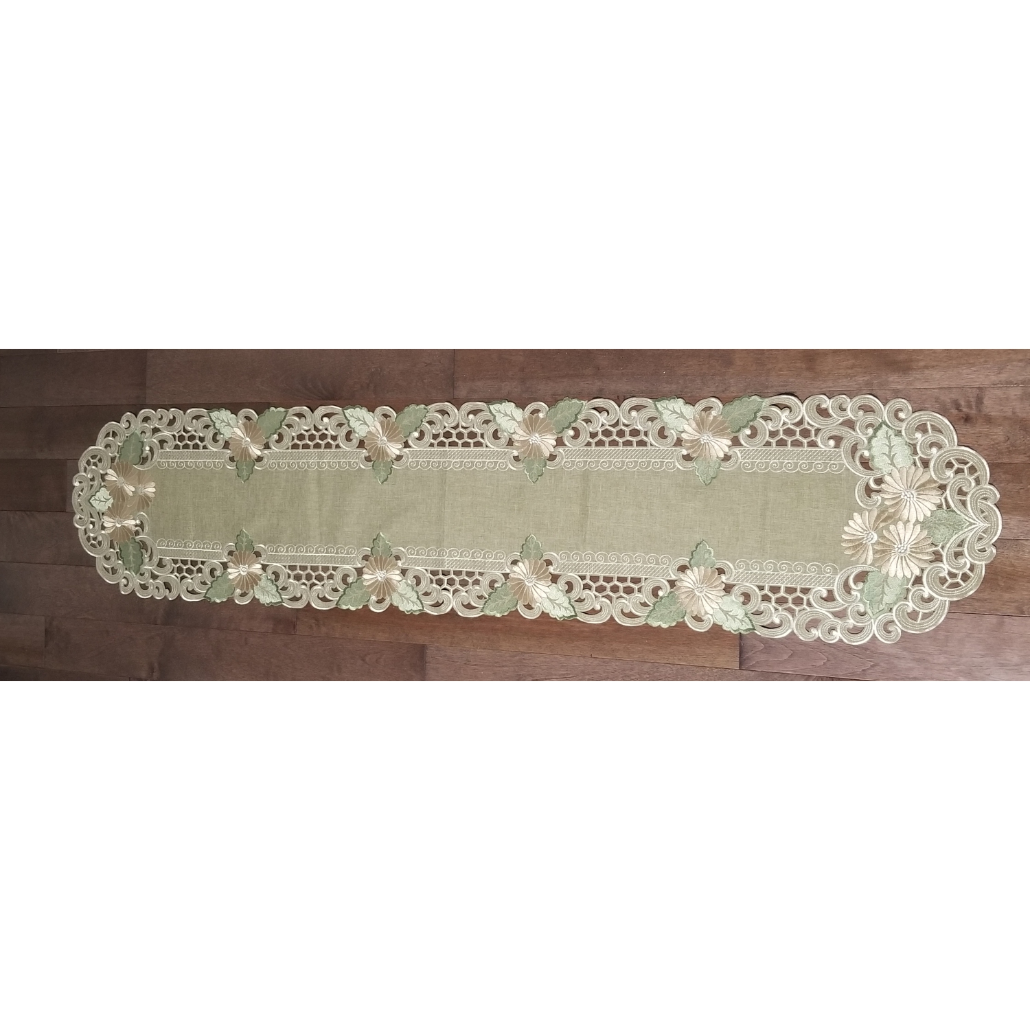 Fleur Latte Embroidered Cutwork Rectangular Table Runner, 14 by 69 inch Table Linen Decor, Water Resistance, Machine Wash safe