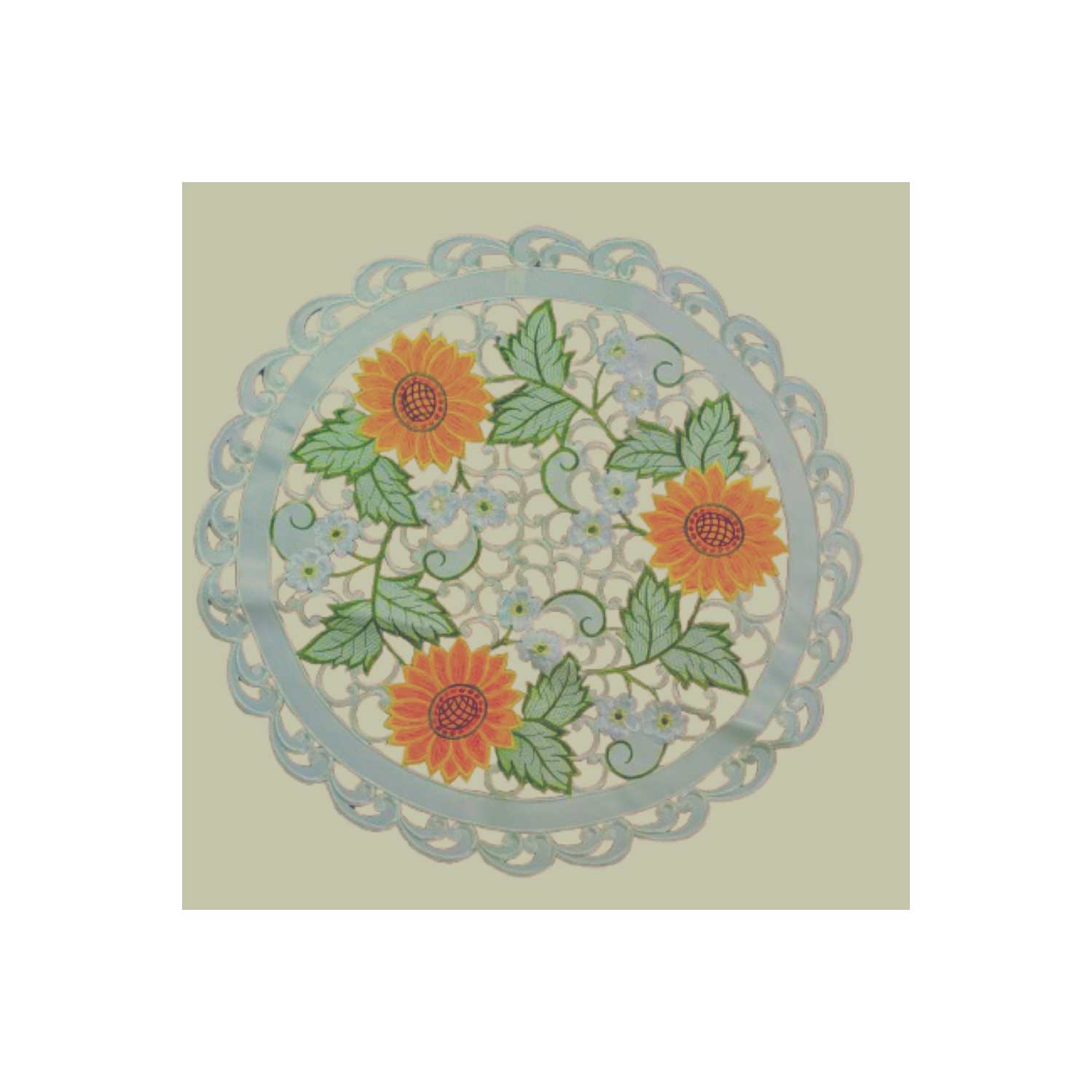 Sunflower Embroidered Cutwork Round Placemat, 23-Inch diameter Table Linen Decor, Water Resistance, Machine Wash safe