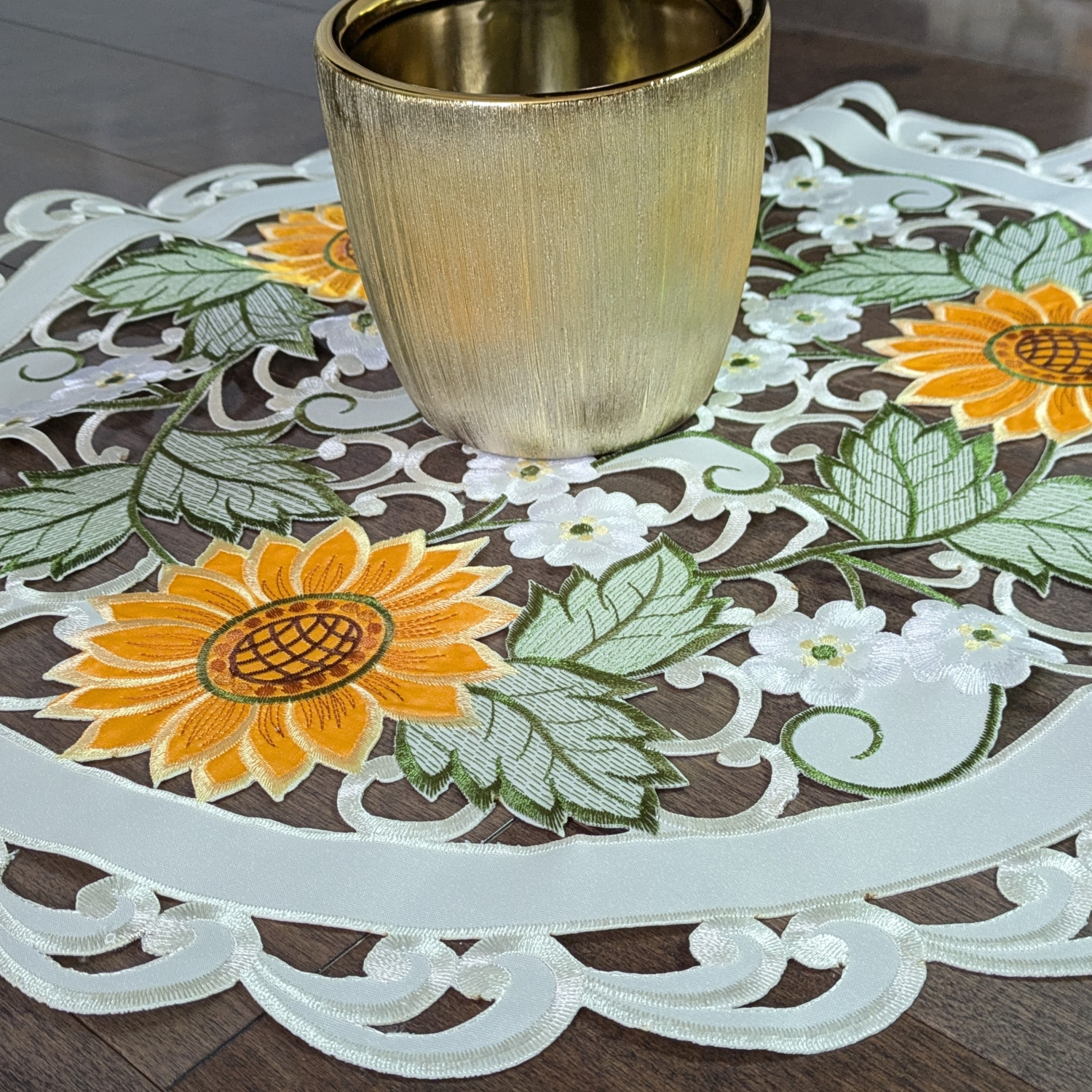 Sunflower Embroidered Cutwork Round Placemat, 23-Inch diameter Table Linen Decor, Water Resistance, Machine Wash safe