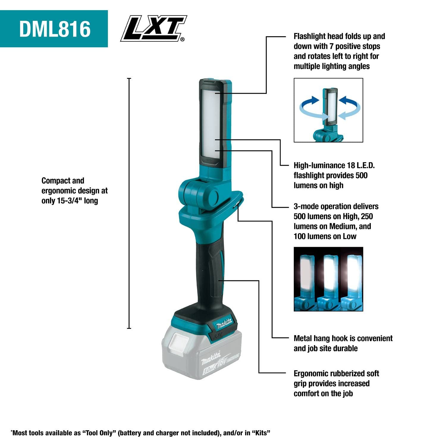 Lampe de travail sans fil DML816X LED 18&nbsp;V LXT de Makita avec abat-jour 500&nbsp;lm