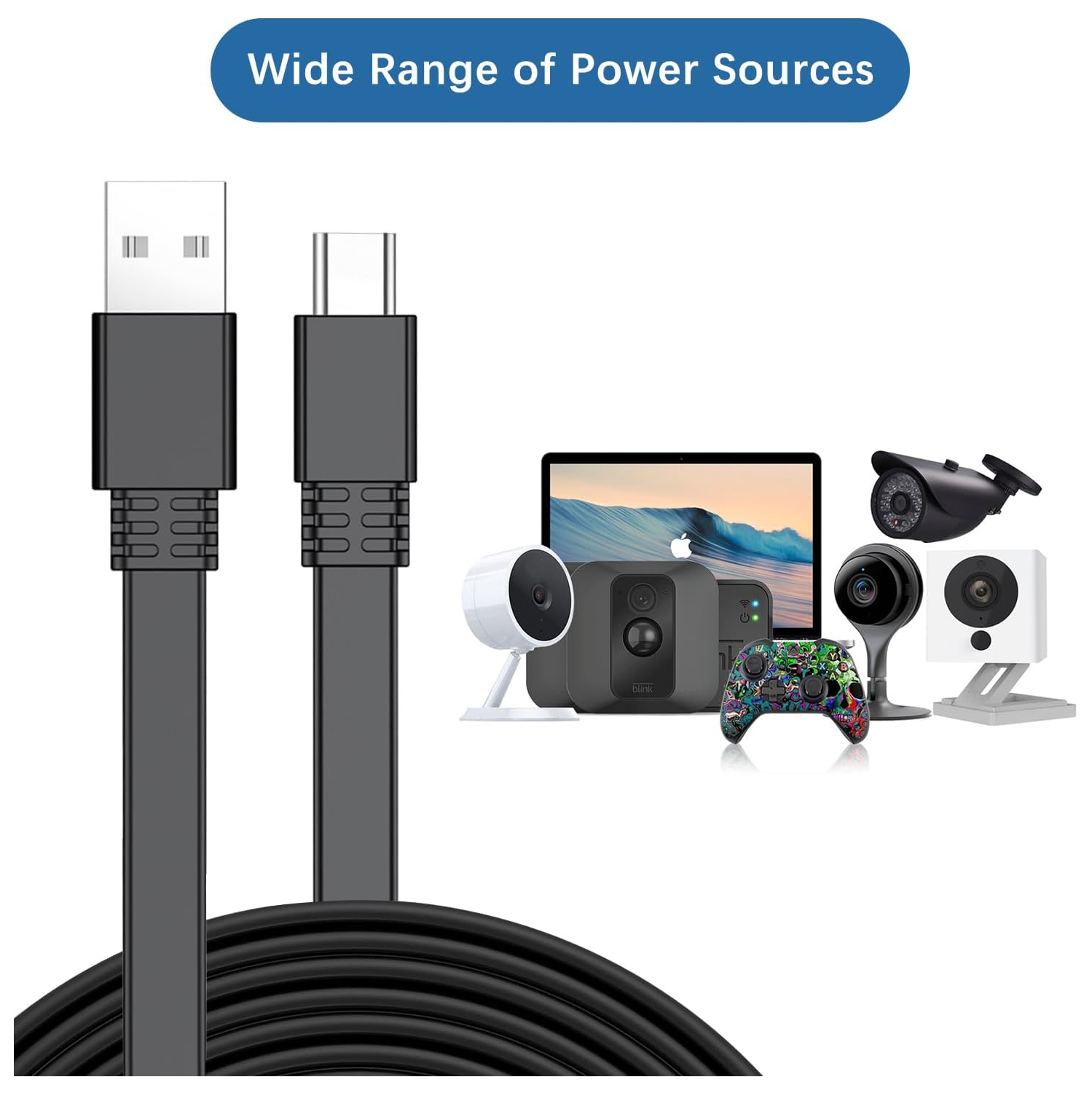 ro USB Power Cable 30FT 2Pack,9M Flat ro USB Charging Power Cord,Charger for Wyze Cam Pan V4,Yi