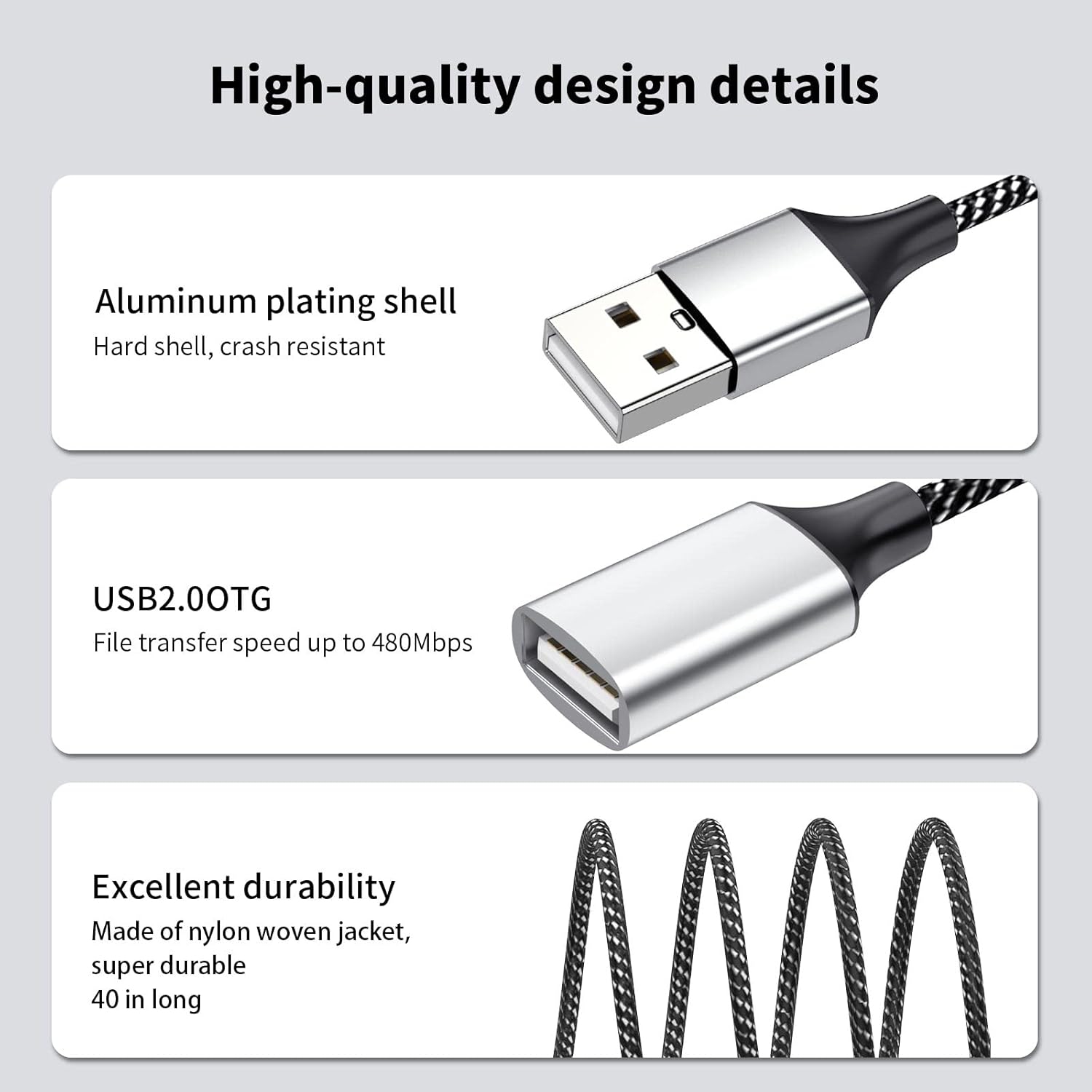 USB Splitter, USB A Male to 2 Female USB Extension Cable, 4Ft Long USB Y Splitter Support Slow Charging