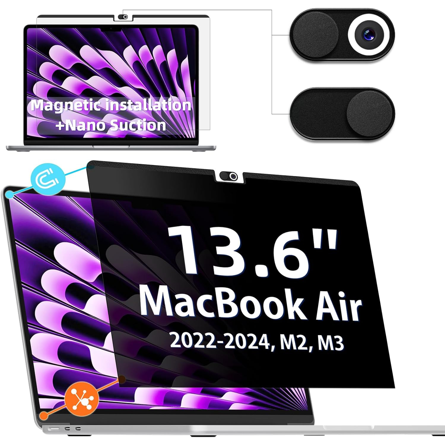 Magnetic Privacy Screen for Macbook Air 13.6 Inch Model: A2681 A3113, Removable Matte Anti