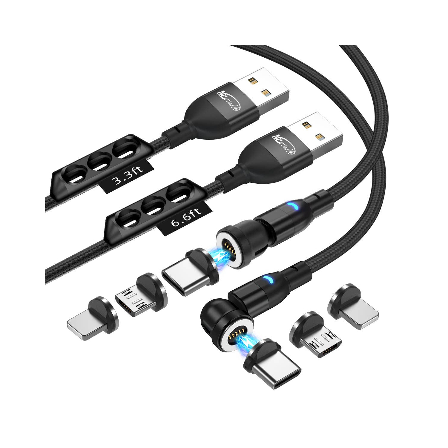 Câble de chargement magnétique à recharge rapide, paquet de 2, 3,3 pi, noir, synchronisation 3&nbsp;A à transfert de données multiples, nylon tressé