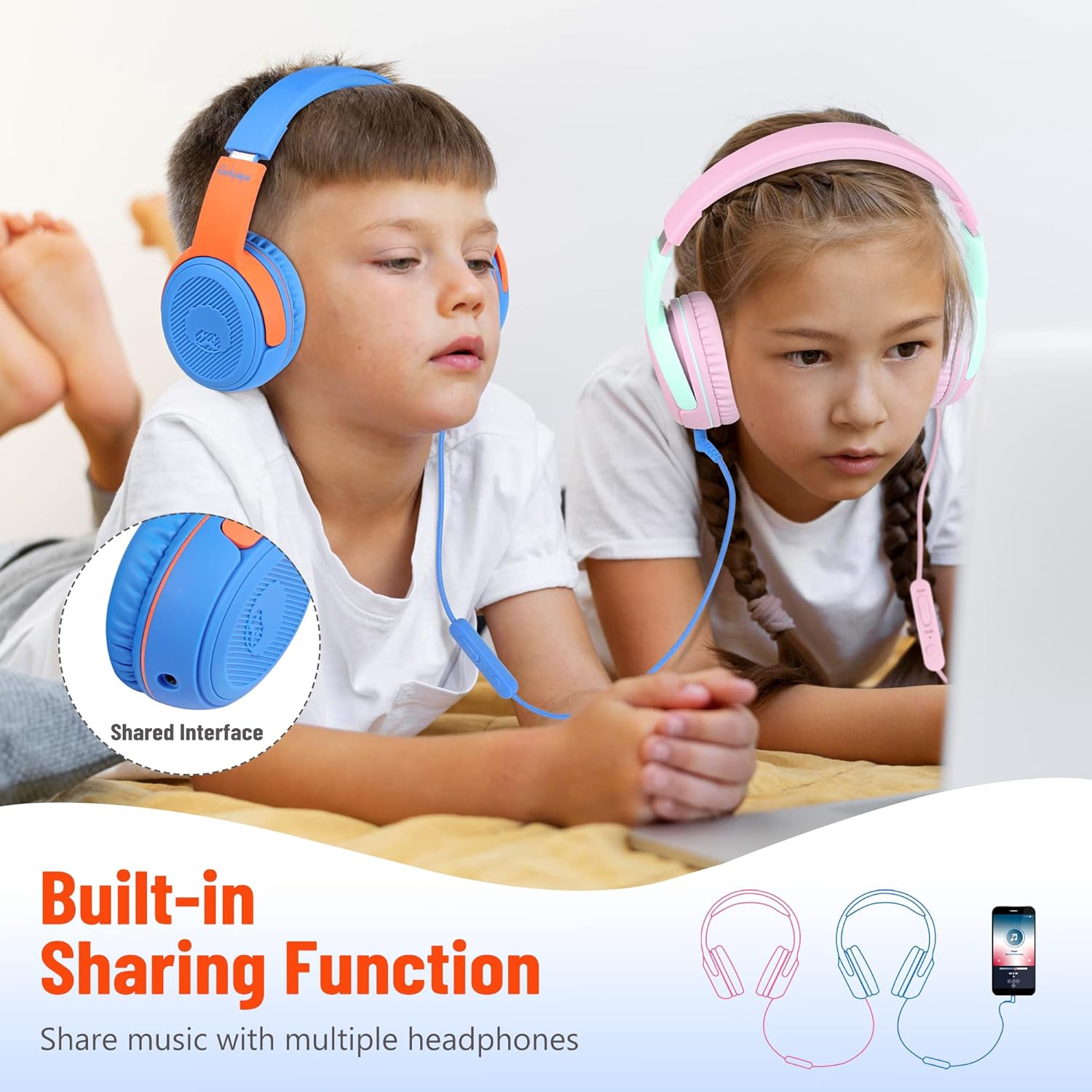 Partagez 1 casques d'écoute pour enfants avec microphone et port de partage, volume limité 85&nbsp;dB/94&nbsp;dB, enfant filaire pliable