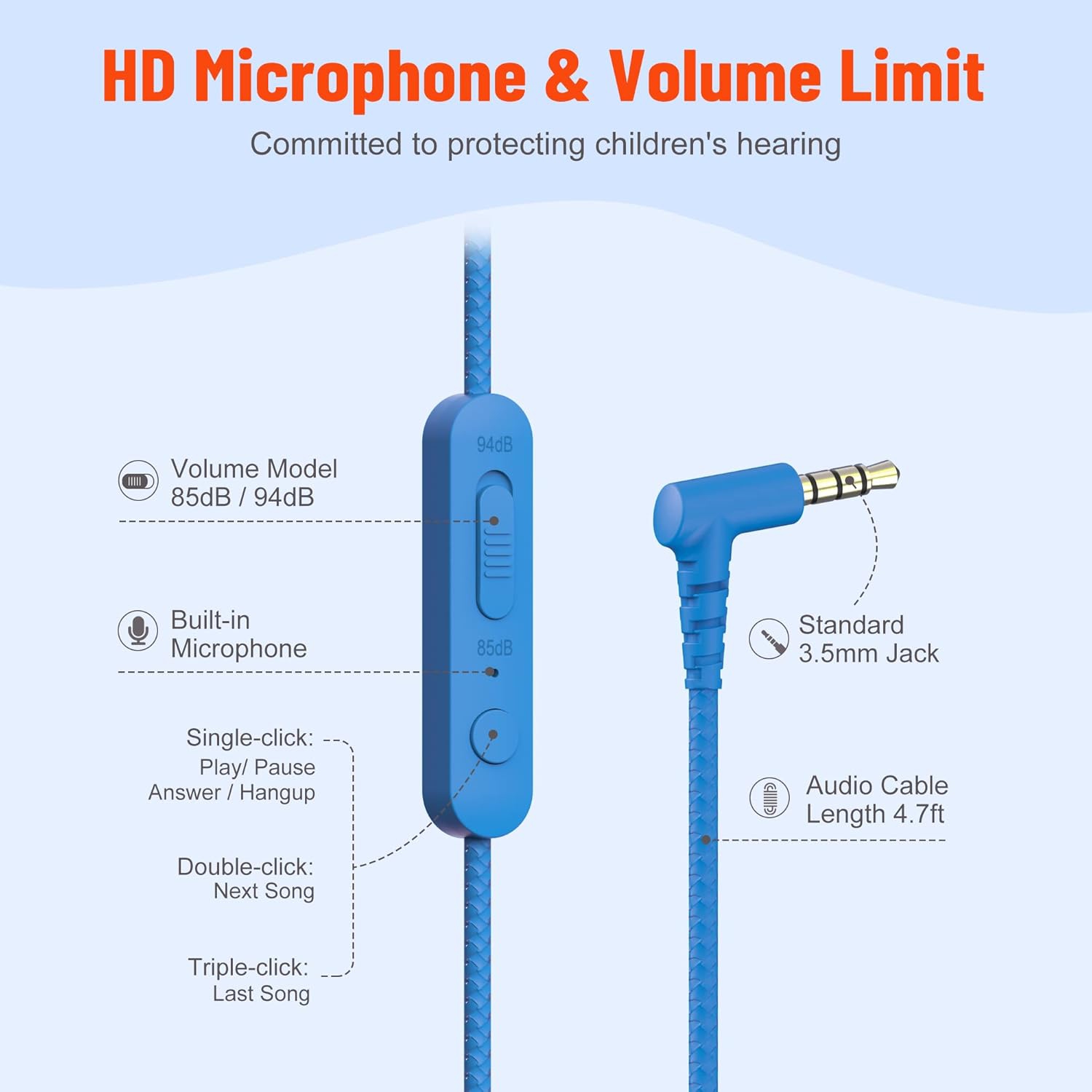 Partagez 1 casques d'écoute pour enfants avec microphone et port de partage, volume limité 85&nbsp;dB/94&nbsp;dB, enfant filaire pliable