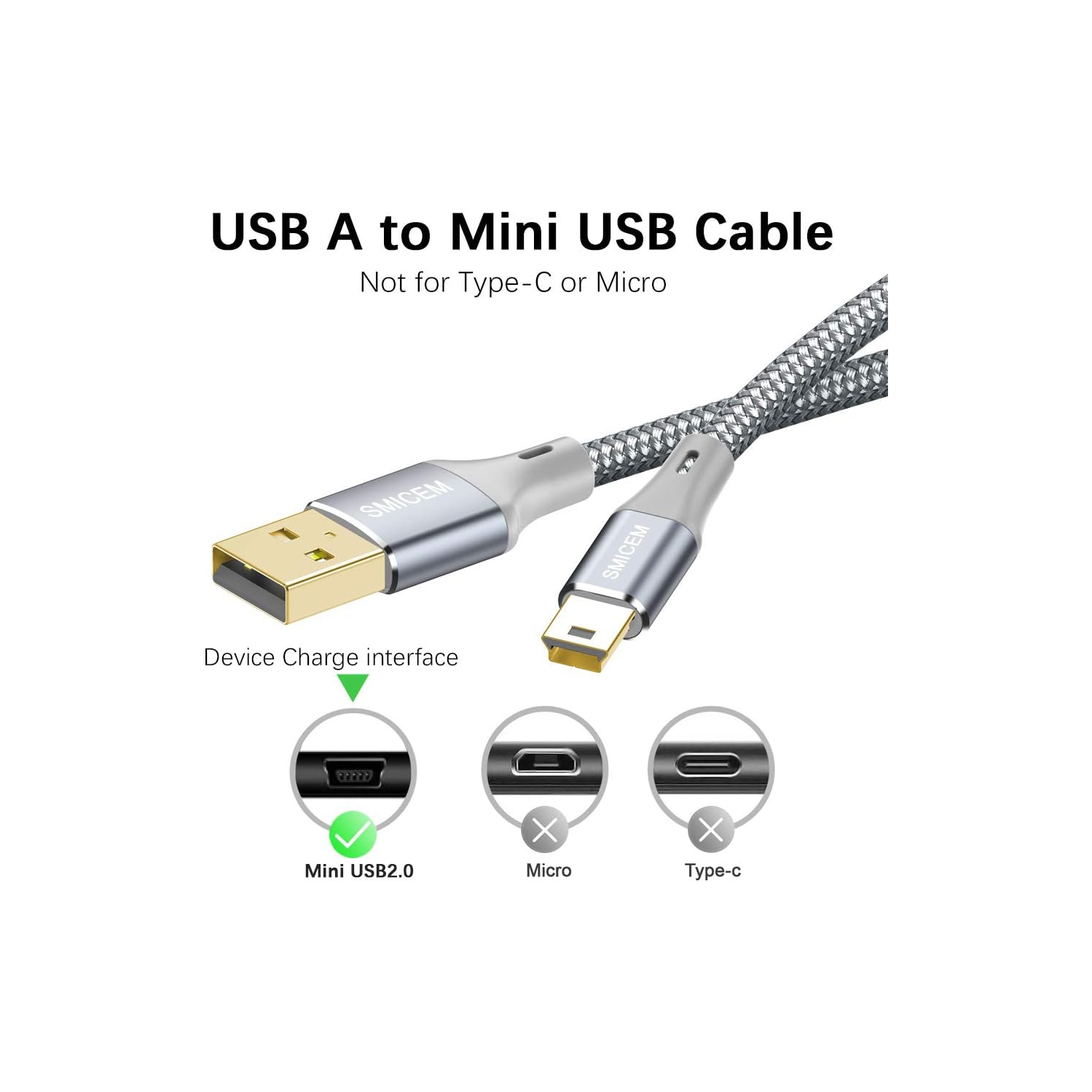 Mini USB Cable USB 2.0 High Speed Cable Type A to Mini B Data Charging Cable 2.4 A Compatible with Digital Camera, Hero