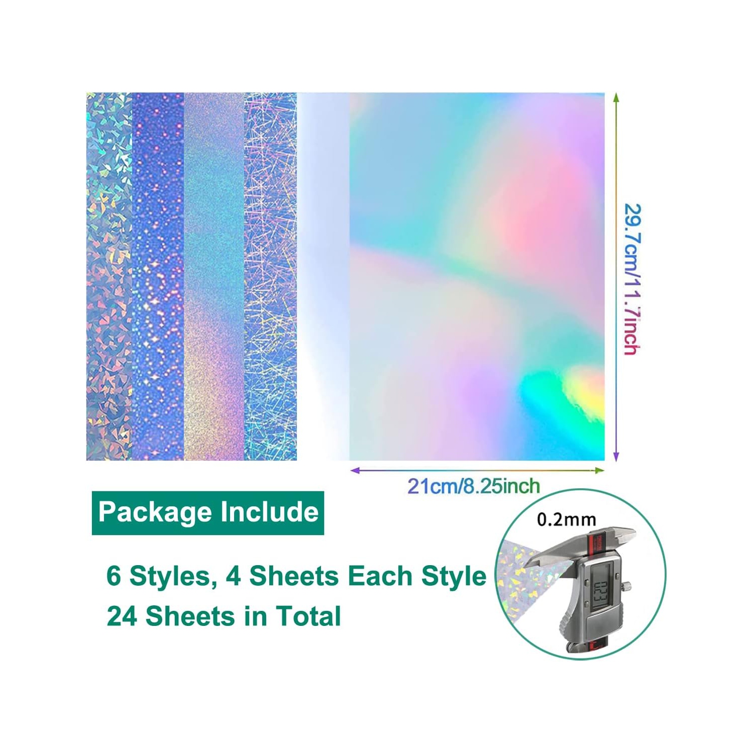 Papier autocollant holographique en vinyle, 24 morceaux 6 motifs papier autocollant scintillant imprimable format A4（11 x 7&nbsp;po）,