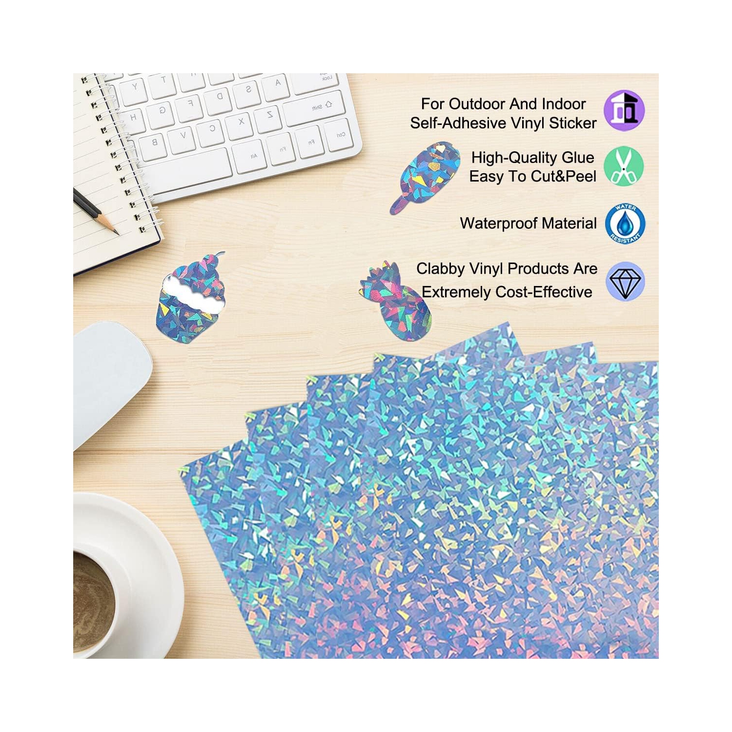 Papier autocollant holographique en vinyle, 24 morceaux 6 motifs papier autocollant scintillant imprimable format A4（11 x 7&nbsp;po）,