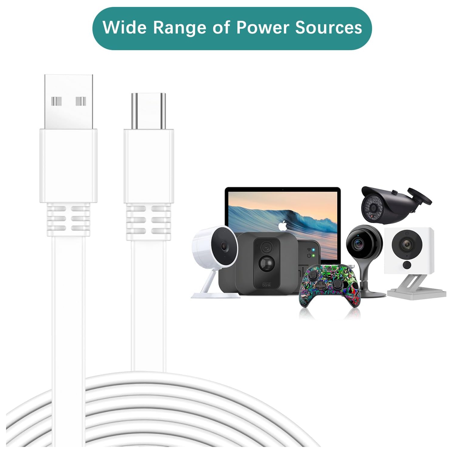 ro USB Power Cable 10 FT 2 Pack,3M Flat ro USB Charging Power Cord,Charger for Neos Smartcam,Yi