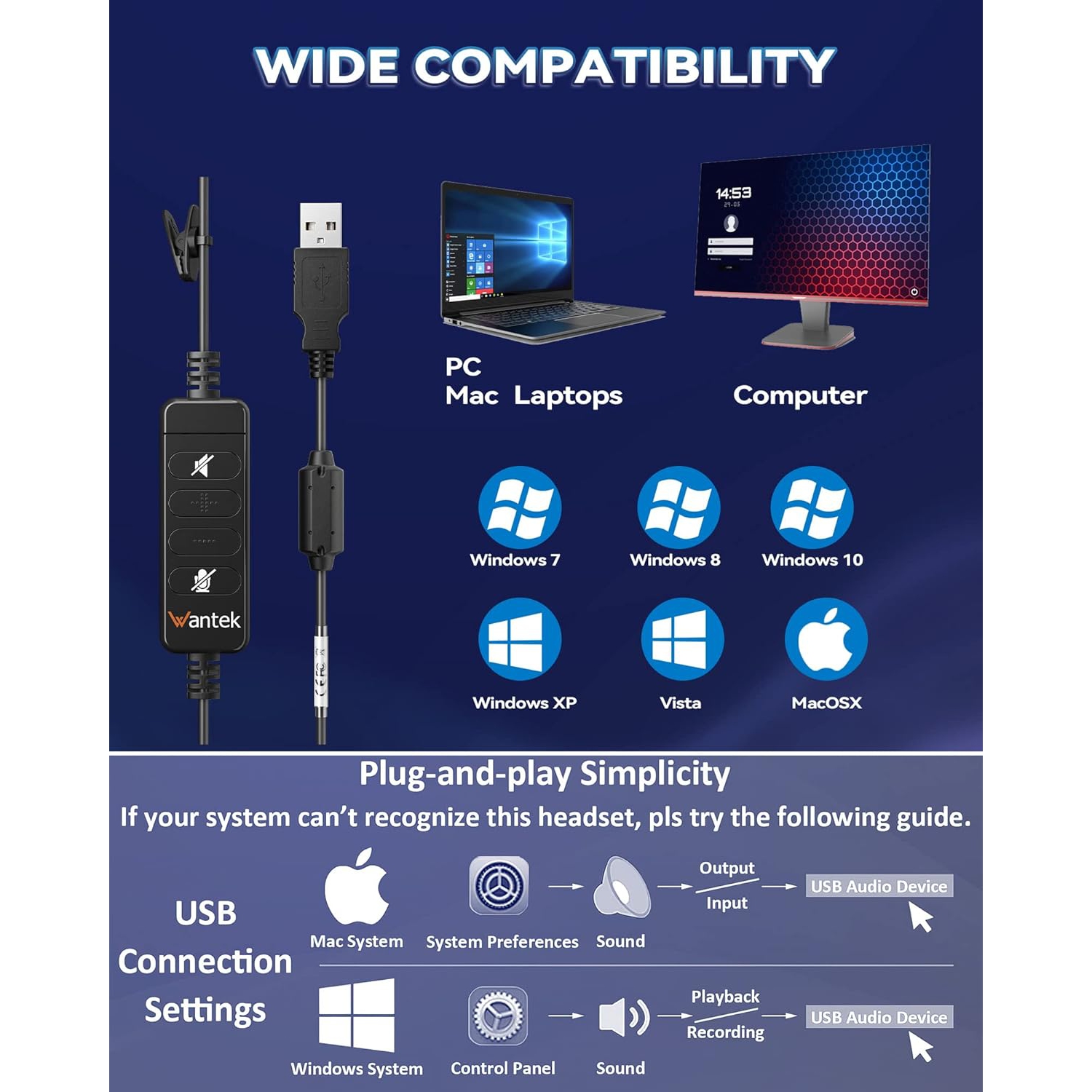 Corded USB with rophone Noise Cancelling & in-line Controls, Computer Headphones for Laptop PC pe