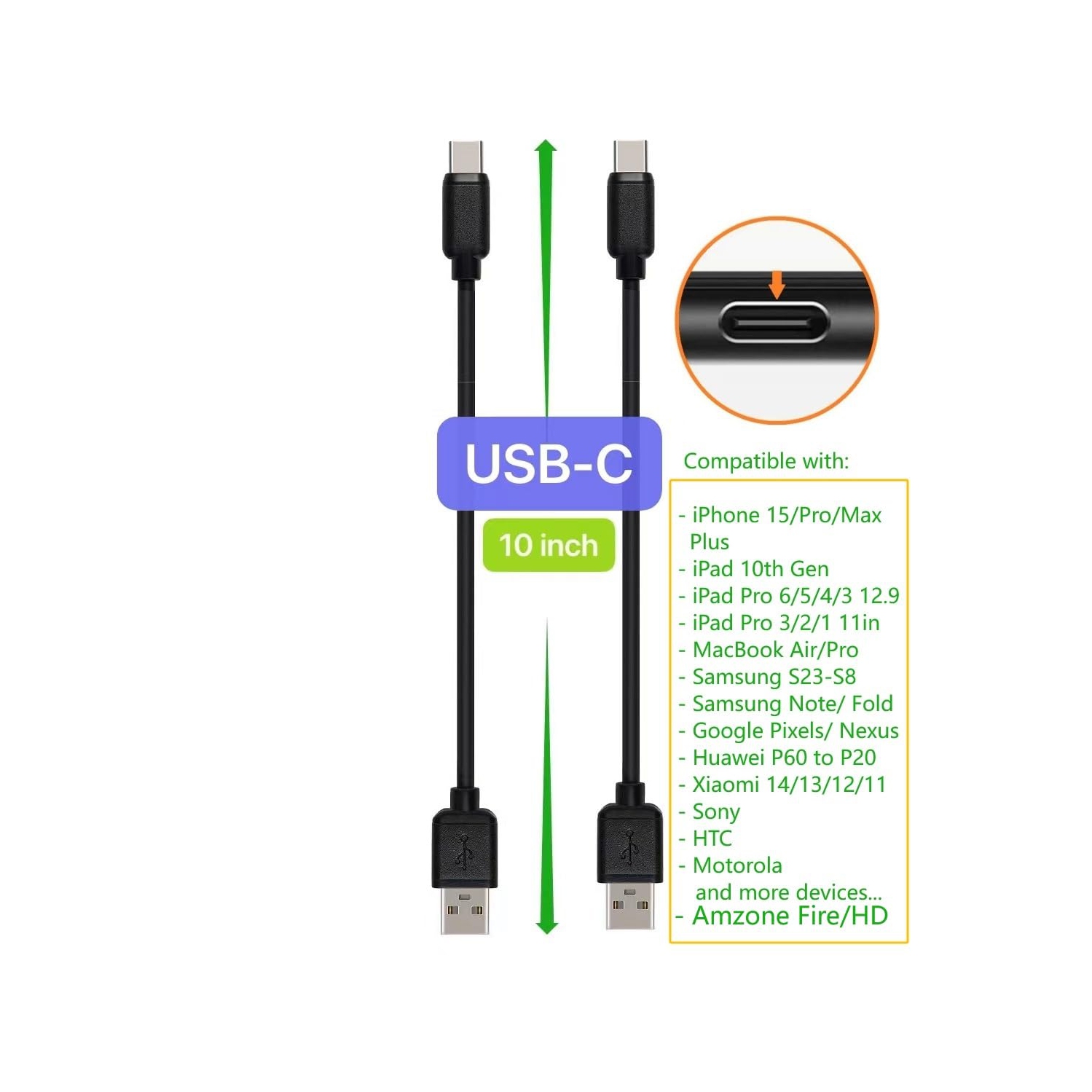 10-inch Short USB Cable Variety Pack, 10 Pack, Including USB & USB C, ro USB Cables Compatible