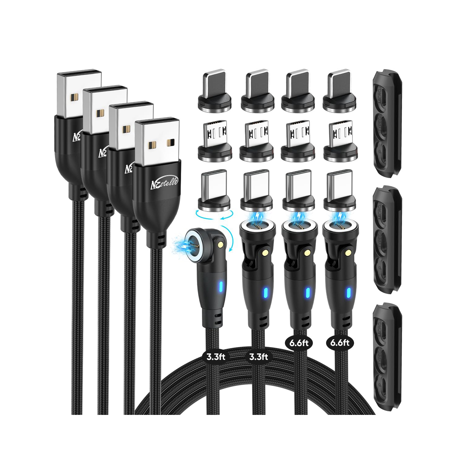 Magnetic Charging Cable, 9 Pins Fast Charge 540 Degrees Rotataion Data Sync Transfer Cord, USBA to 3 in 1 Head