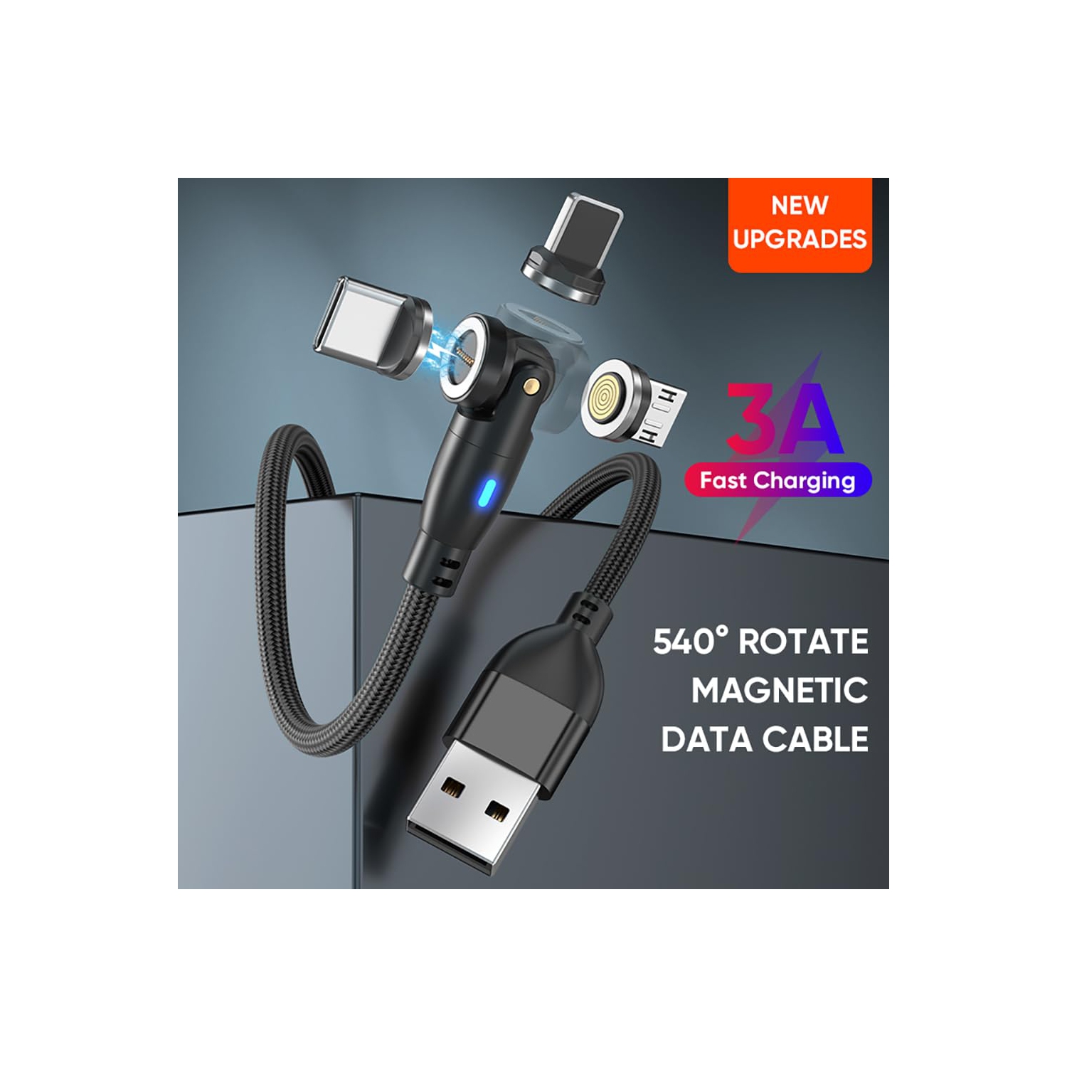 Magnetic Charging Cable, 9 Pins Fast Charge 540 Degrees Rotataion Data Sync Transfer Cord, USBA to 3 in 1 Head