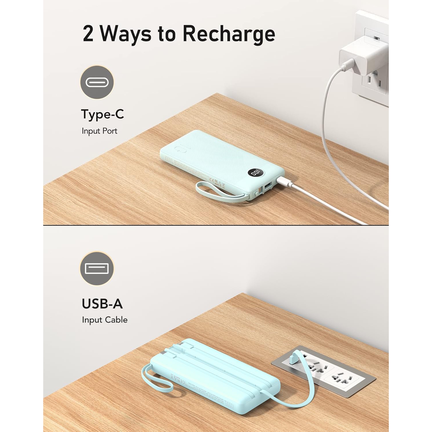 Portable Charger with Built-in Cables, Slim 10000mAh Power Bank for iPhone, USB C y Bank Fast Charging,