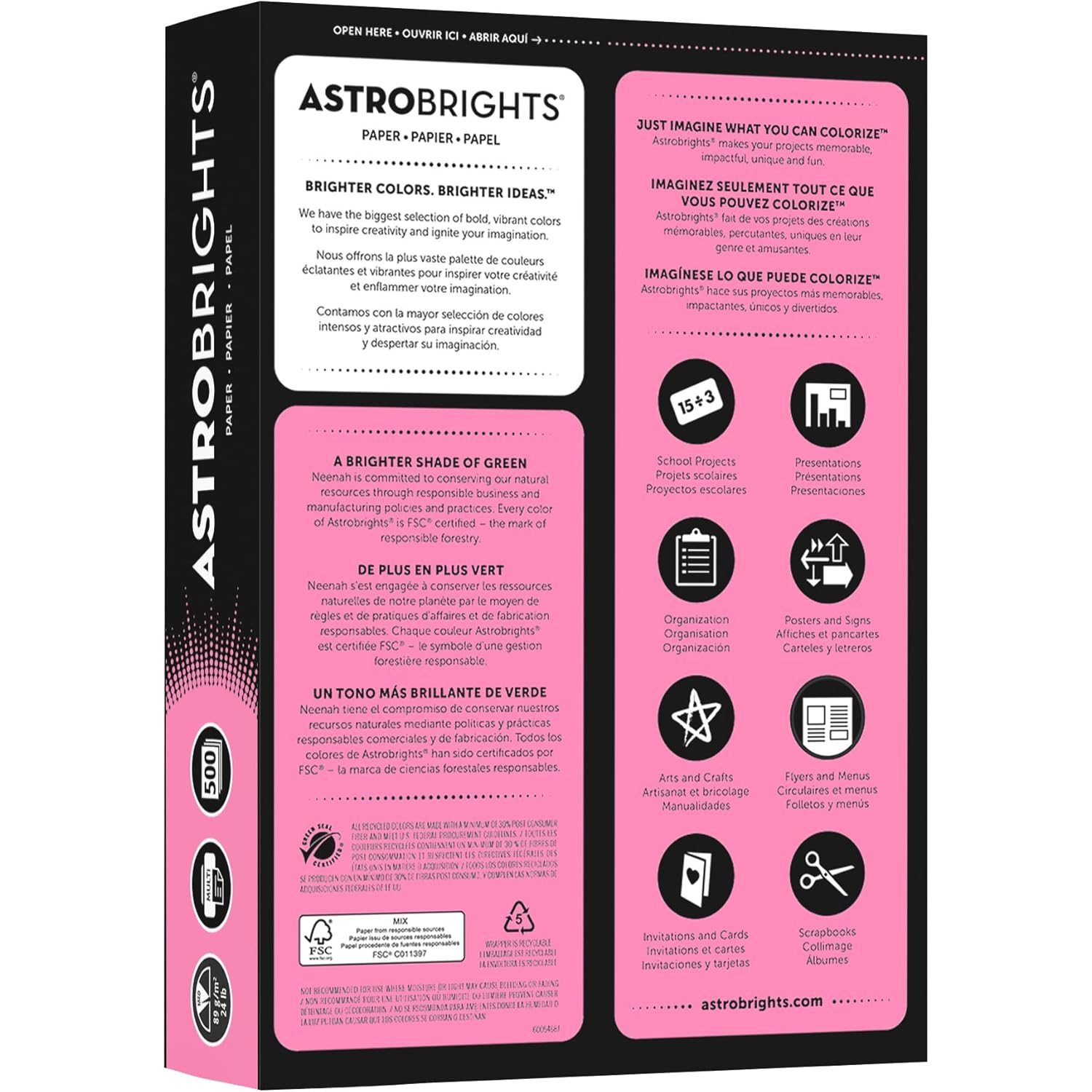 Papier couleur de qualité supérieure d'Astrobrights, 24 lb, 8,5 x 11 po, 500 feuilles, rose pulsar