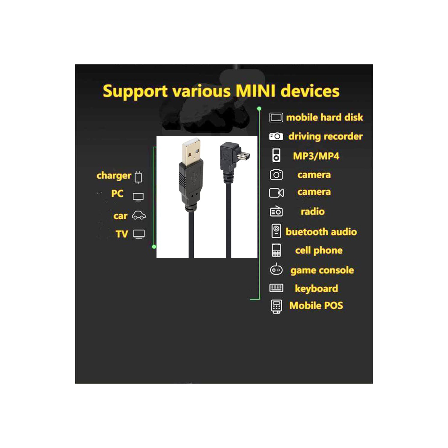 90 Degree Mini USB Cable Angle Mini 5pin USB B Male to USB 2.0 Male Data Sync Charging Extension Cable
