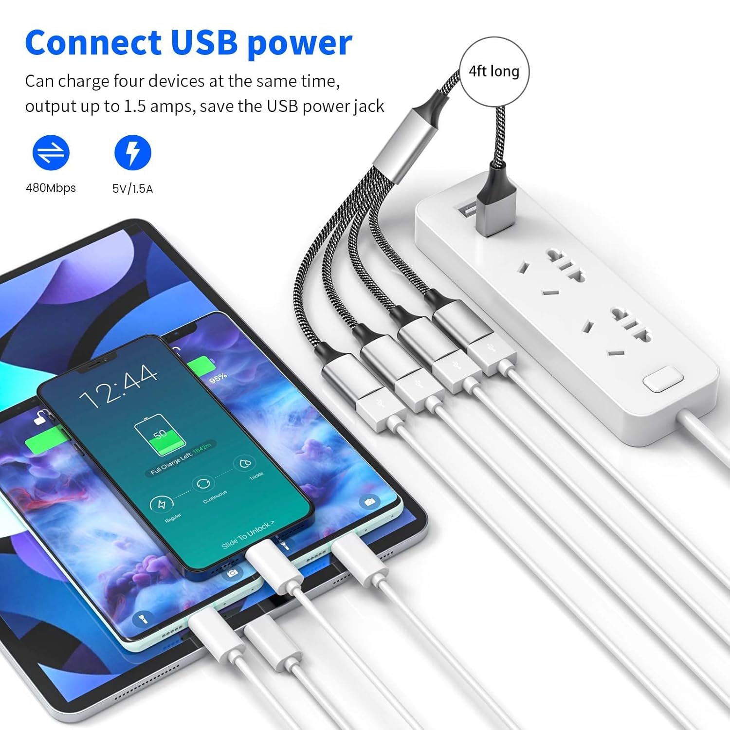 USB Y Splitter, USB 1 Male to 4 Female USB Extension Cable, USB Splitter Support Slow Charging and Data