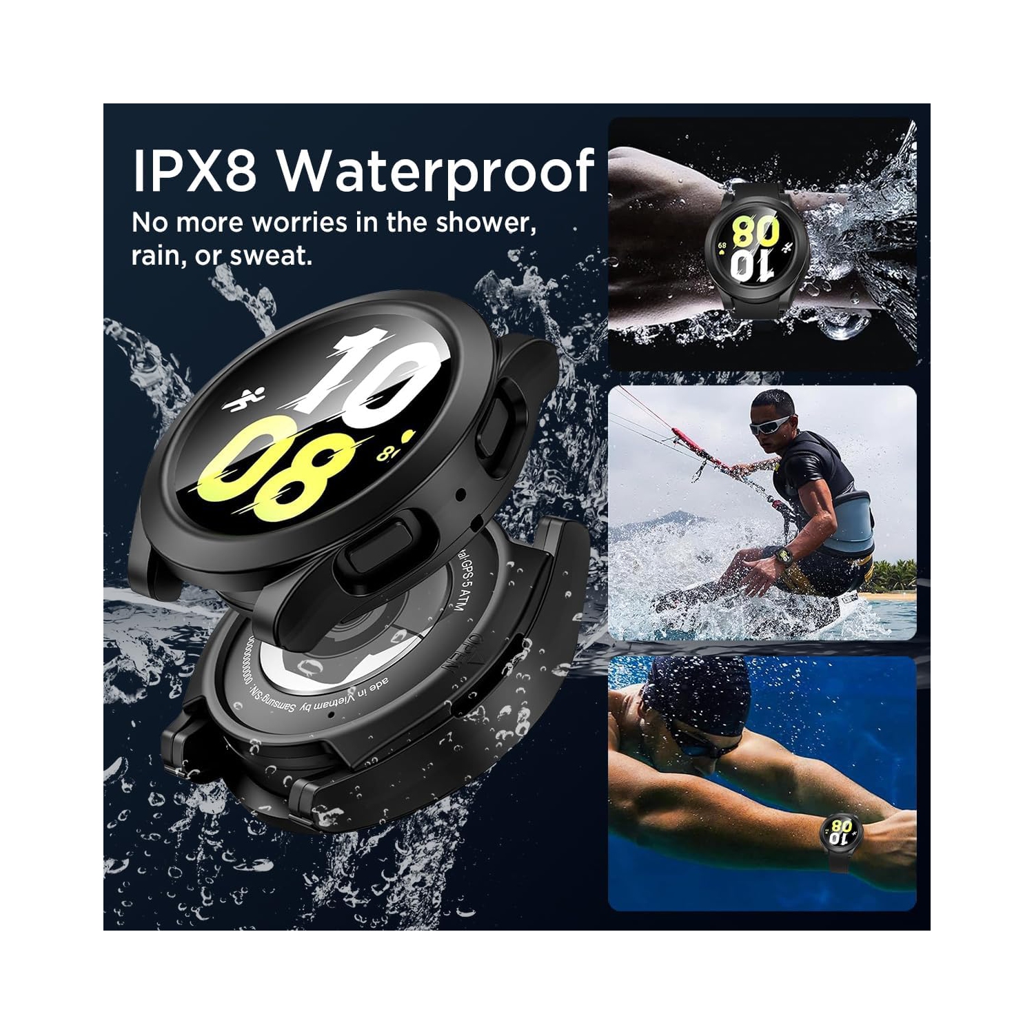 Étui étanche pour Samsung Galaxy Watch 6 44&nbsp;mm, couverture rigide pour PC avec protecteur d'écran en verre trempé, pleine