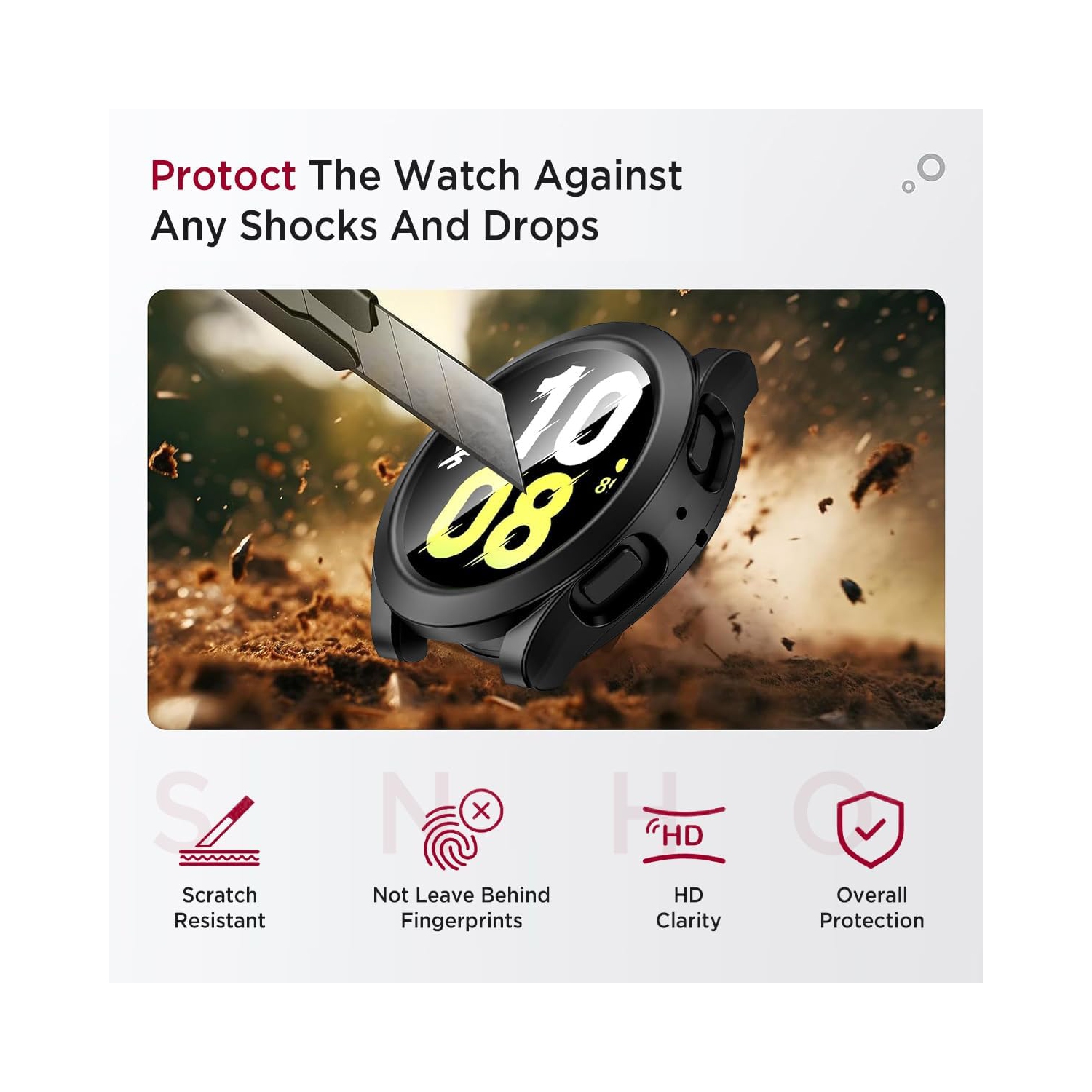 Étui étanche pour Samsung Galaxy Watch 6 44&nbsp;mm, couverture rigide pour PC avec protecteur d'écran en verre trempé, pleine