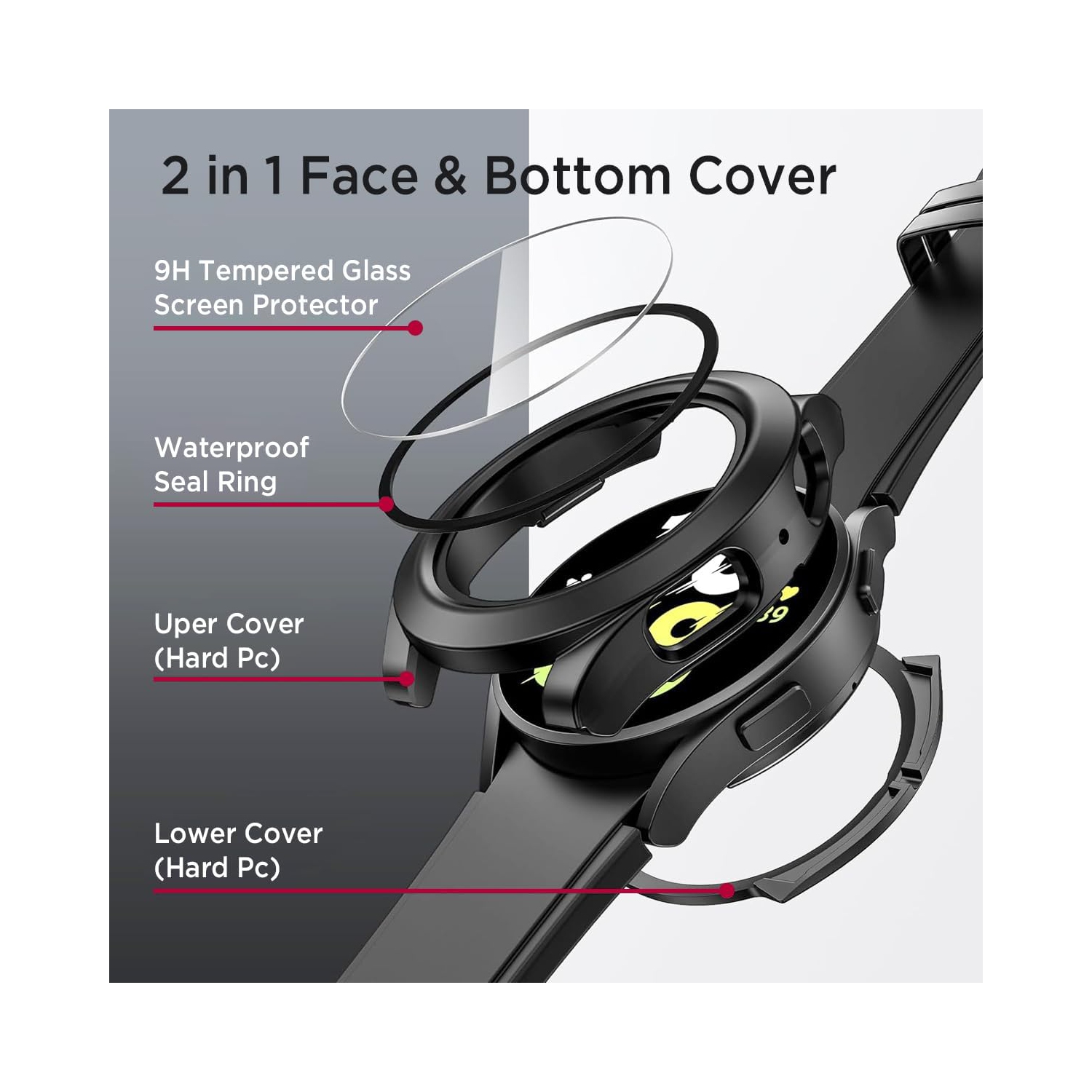 Étui étanche pour Samsung Galaxy Watch 6 44&nbsp;mm, couverture rigide pour PC avec protecteur d'écran en verre trempé, pleine