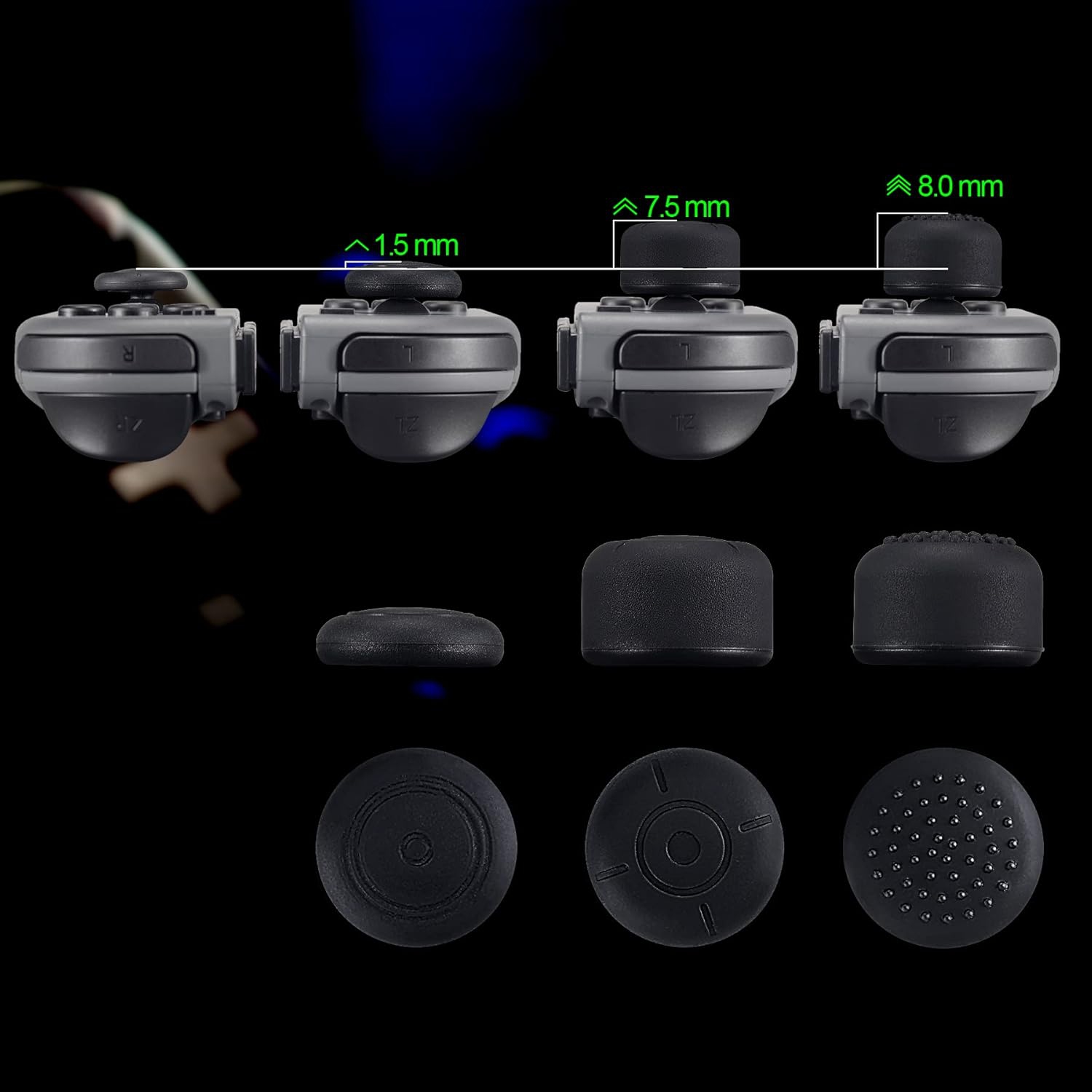 3 paires antidérapantes en silicone noir Longueur étendue Capuchons de manchons Capuchons de manchons Étui pour Nintendo Switch