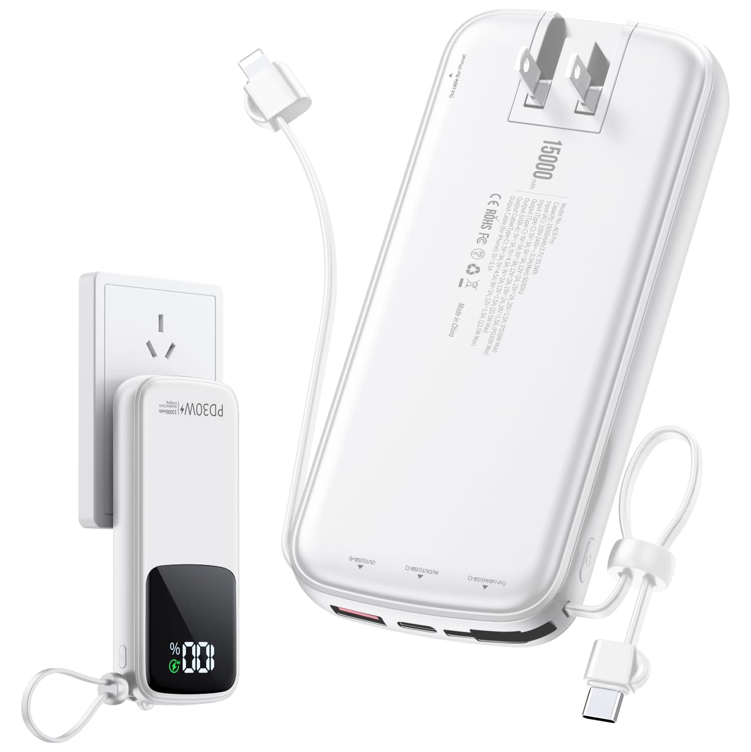 Portable Charger Power Bank, 15000mAh Portable Charger Fast Charging Lightweight, Built-in AC Wall Plug and 2 Output