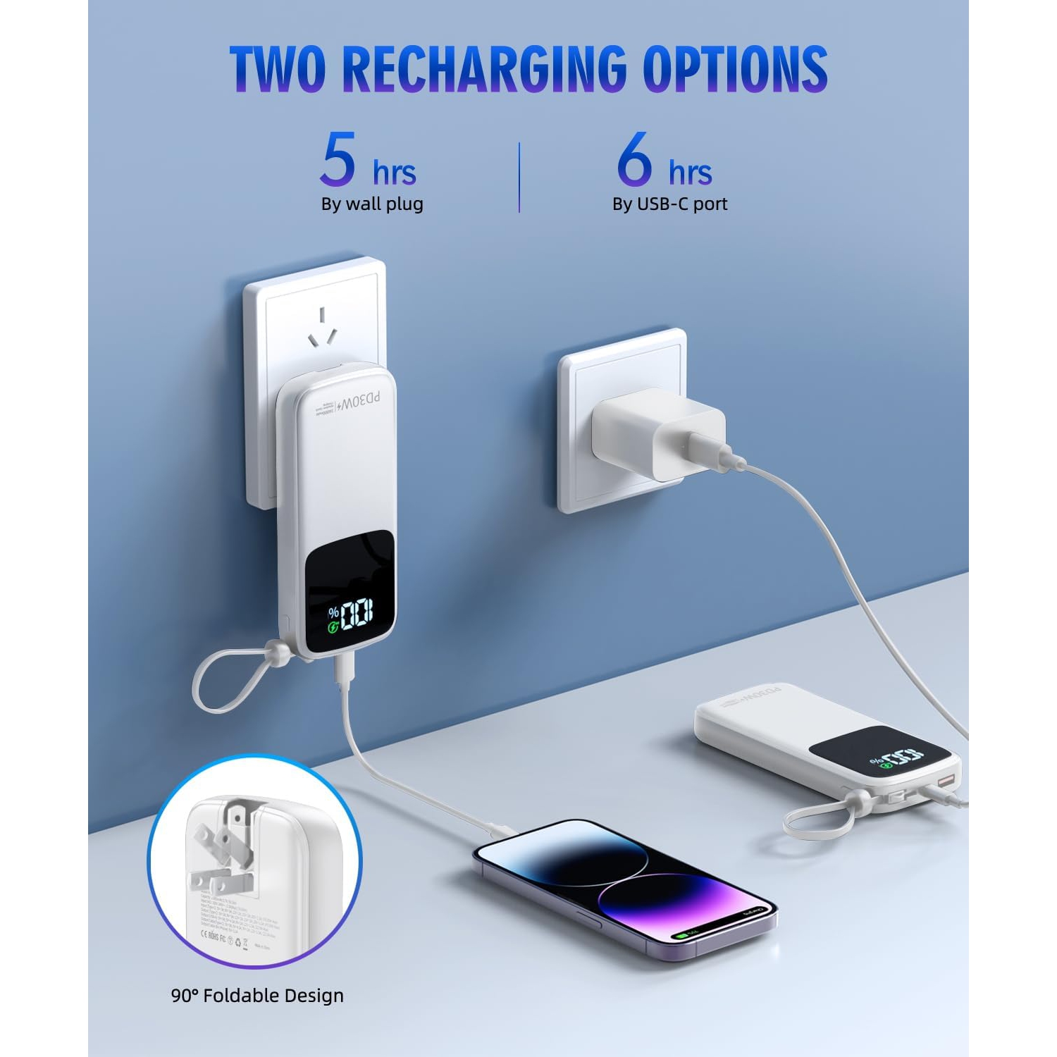 Portable Charger Power Bank, 15000mAh Portable Charger Fast Charging Lightweight, Built-in AC Wall Plug and 2 Output