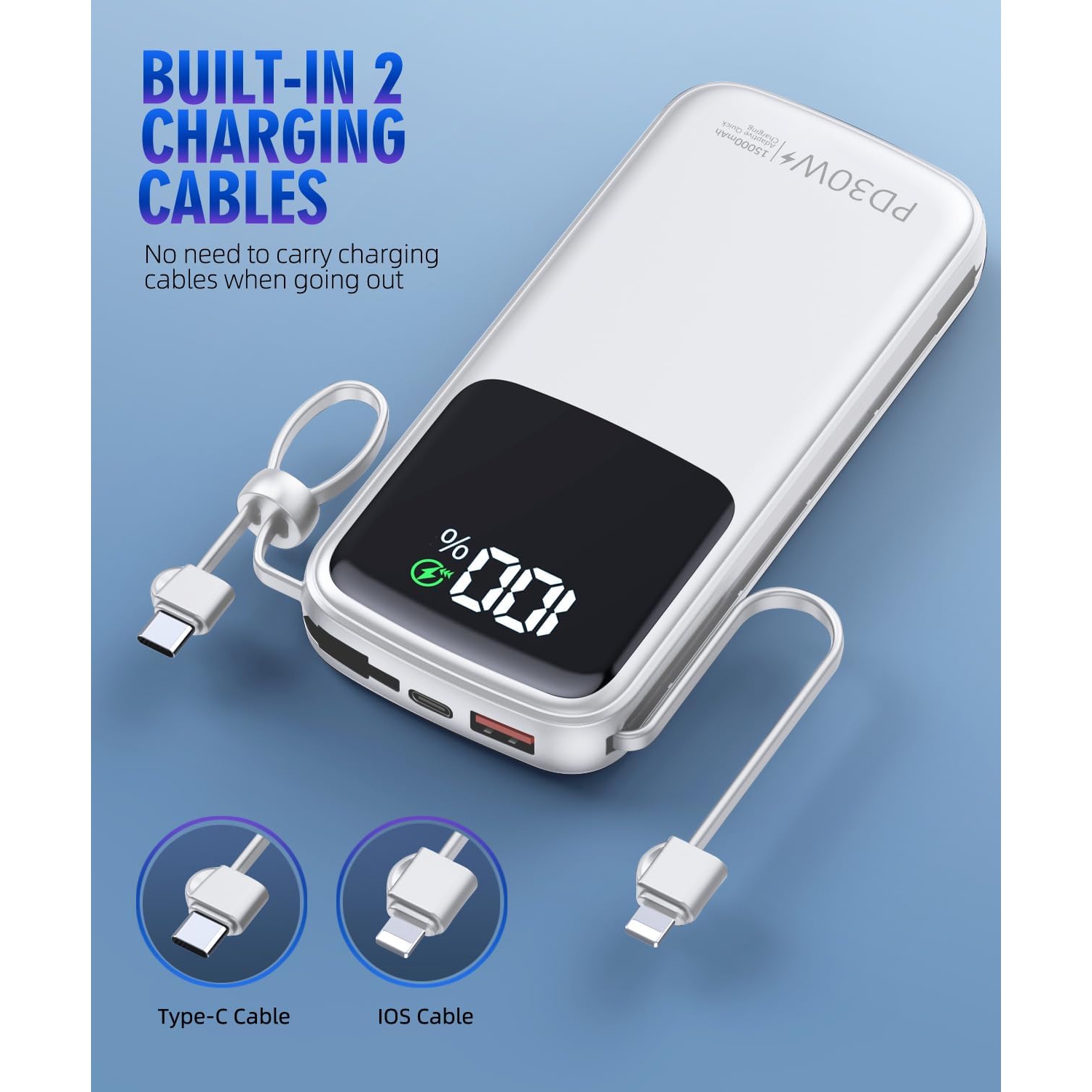 Portable Charger Power Bank, 15000mAh Portable Charger Fast Charging Lightweight, Built-in AC Wall Plug and 2 Output