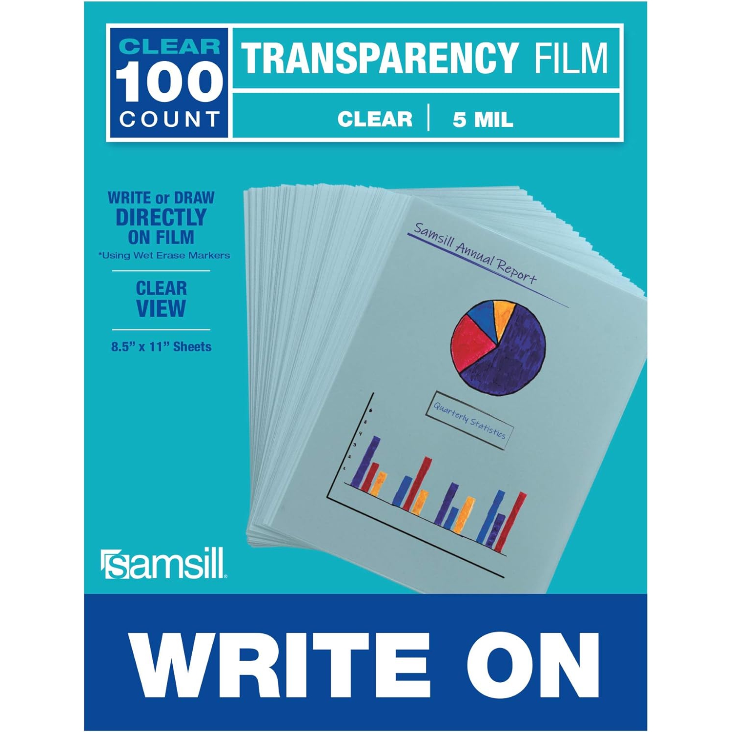 Paquet de 100 films transparents écrits 8,5 x 11&nbsp;po, 5&nbsp;mil, pour utilisation avec marqueurs effaçables à sec seulement, ne pas utiliser