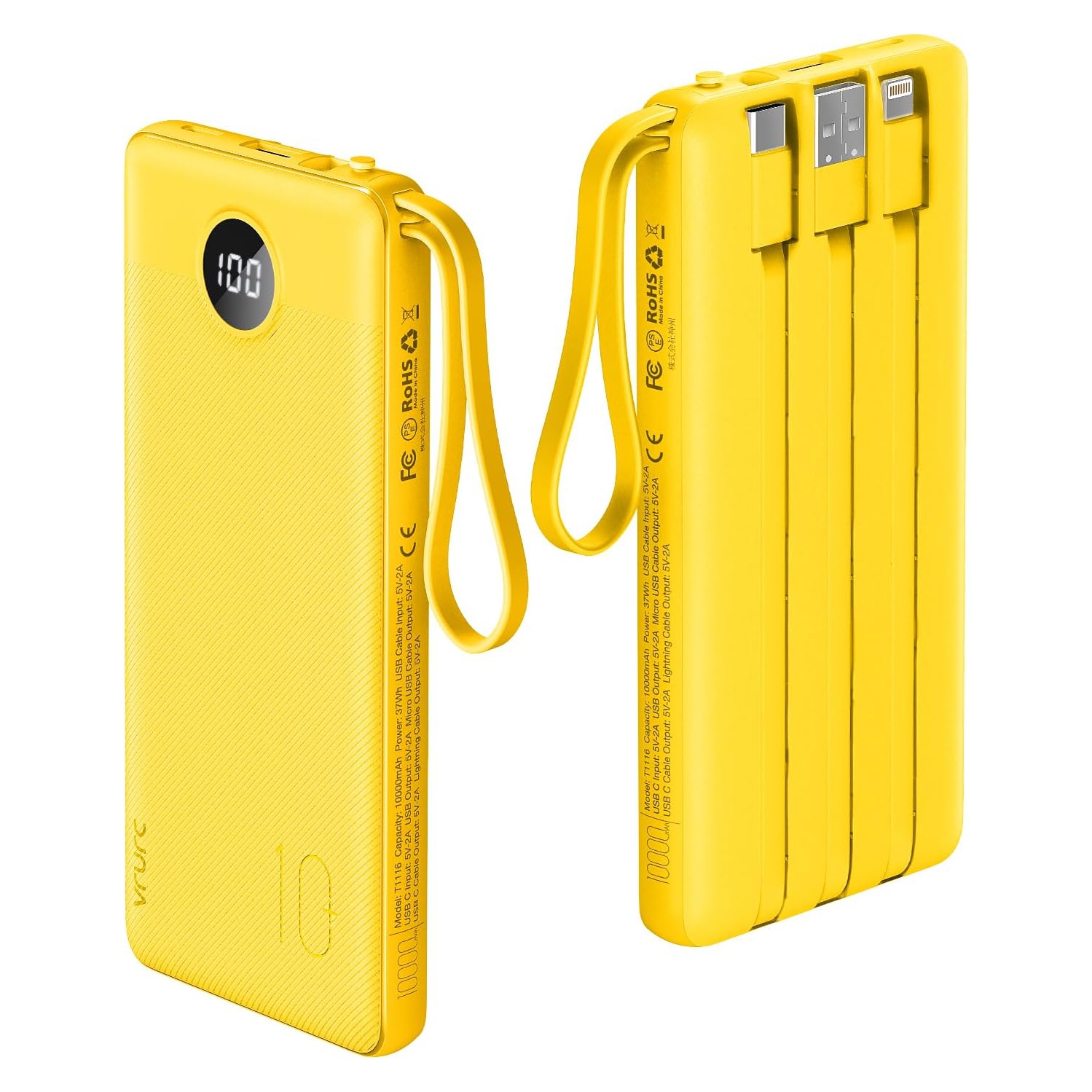 Portable Charger with Built-in Cables, 10000mAh Display USB C Power Bank, Slim Travel y Pack with 5