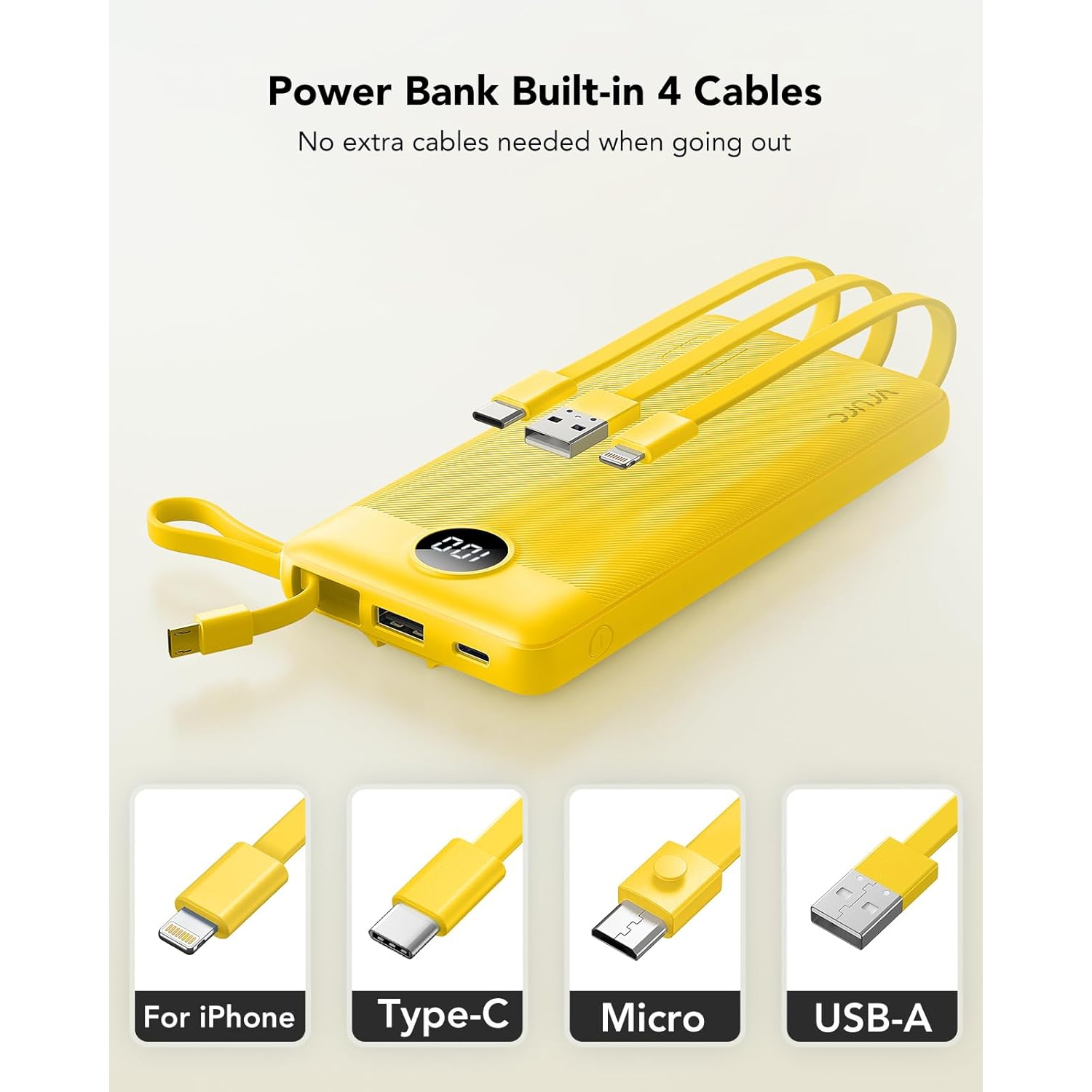 Portable Charger with Built-in Cables, 10000mAh Display USB C Power Bank, Slim Travel y Pack with 5