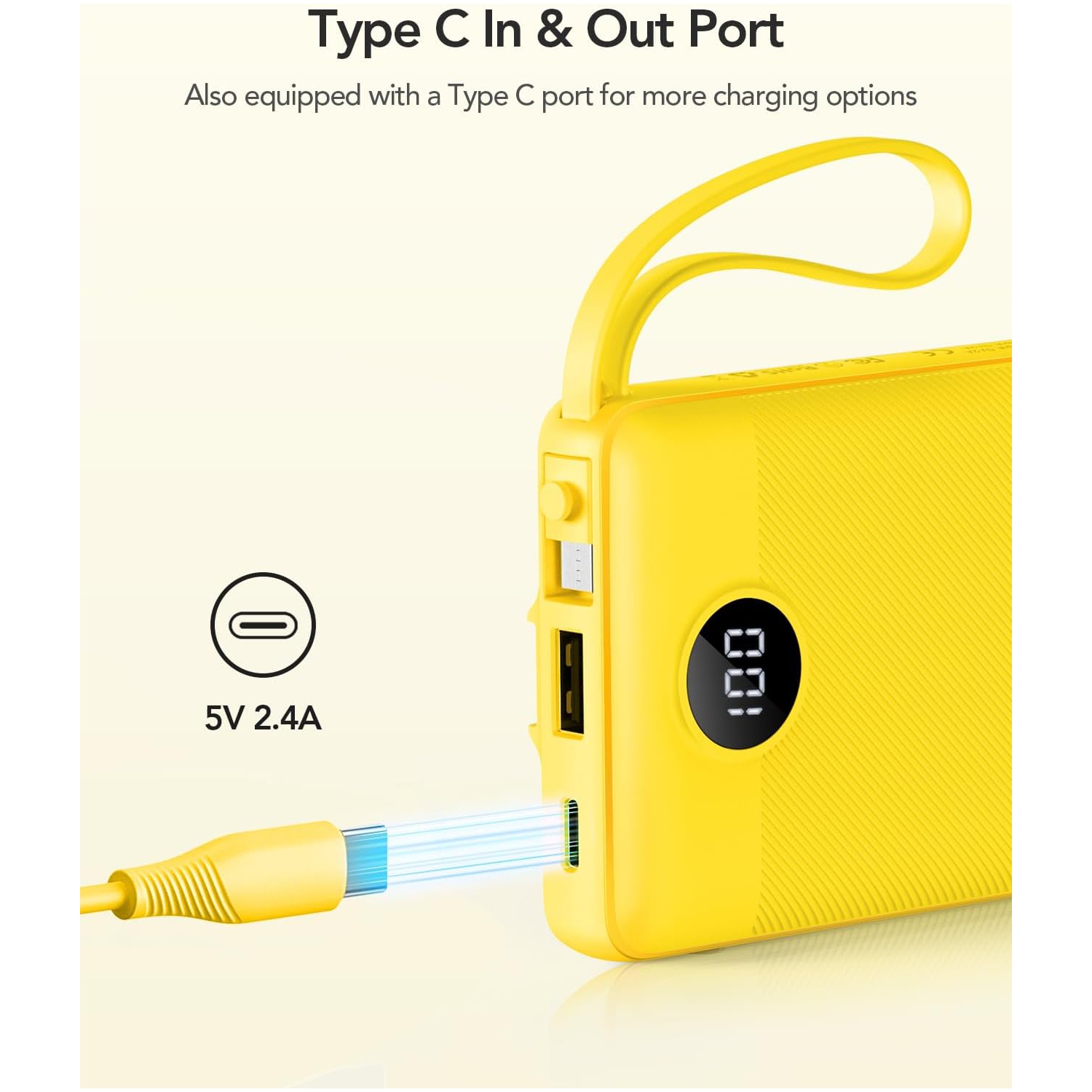 Portable Charger with Built-in Cables, 10000mAh Display USB C Power Bank, Slim Travel y Pack with 5