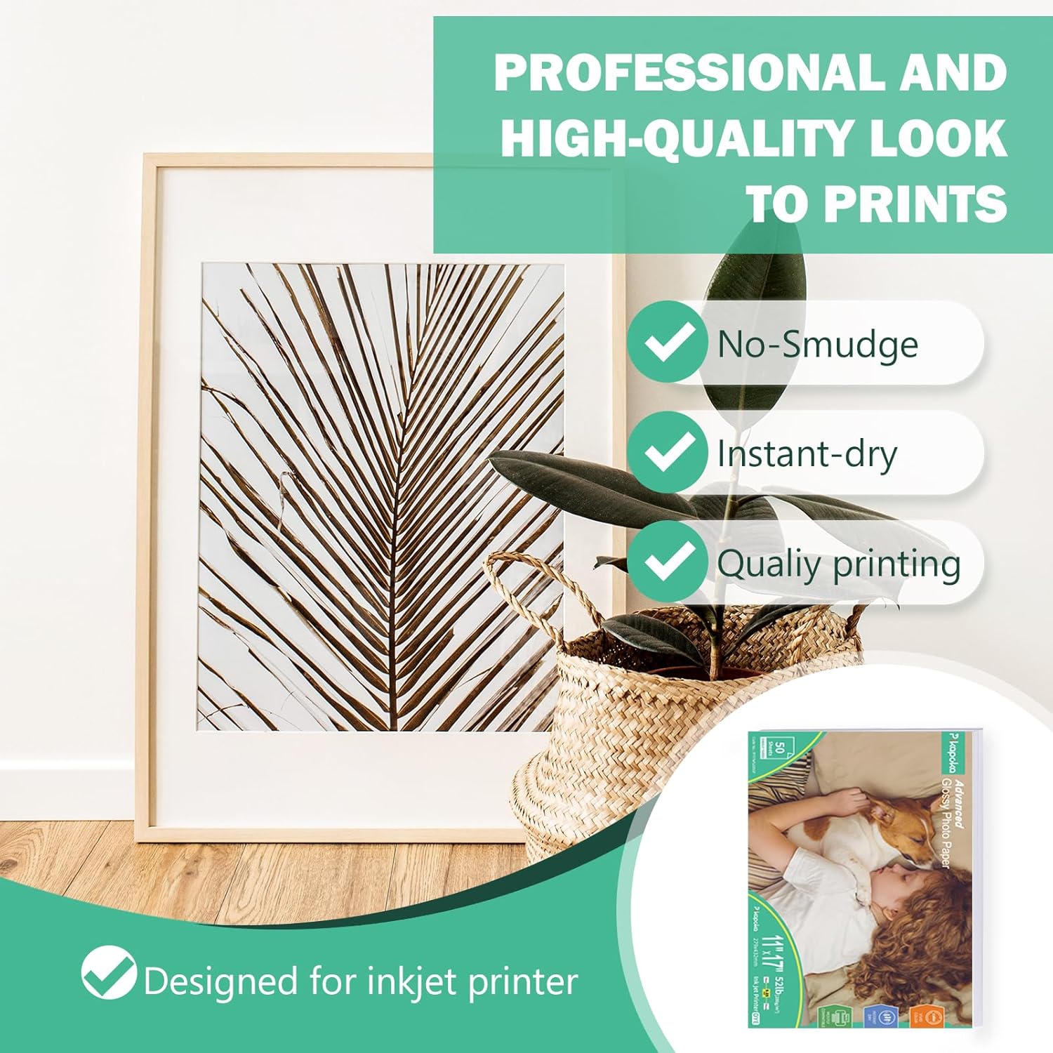 Papier photo brillant 11 x 17, 50 feuilles, 52&nbsp;lb pour imprimante jet d'encre