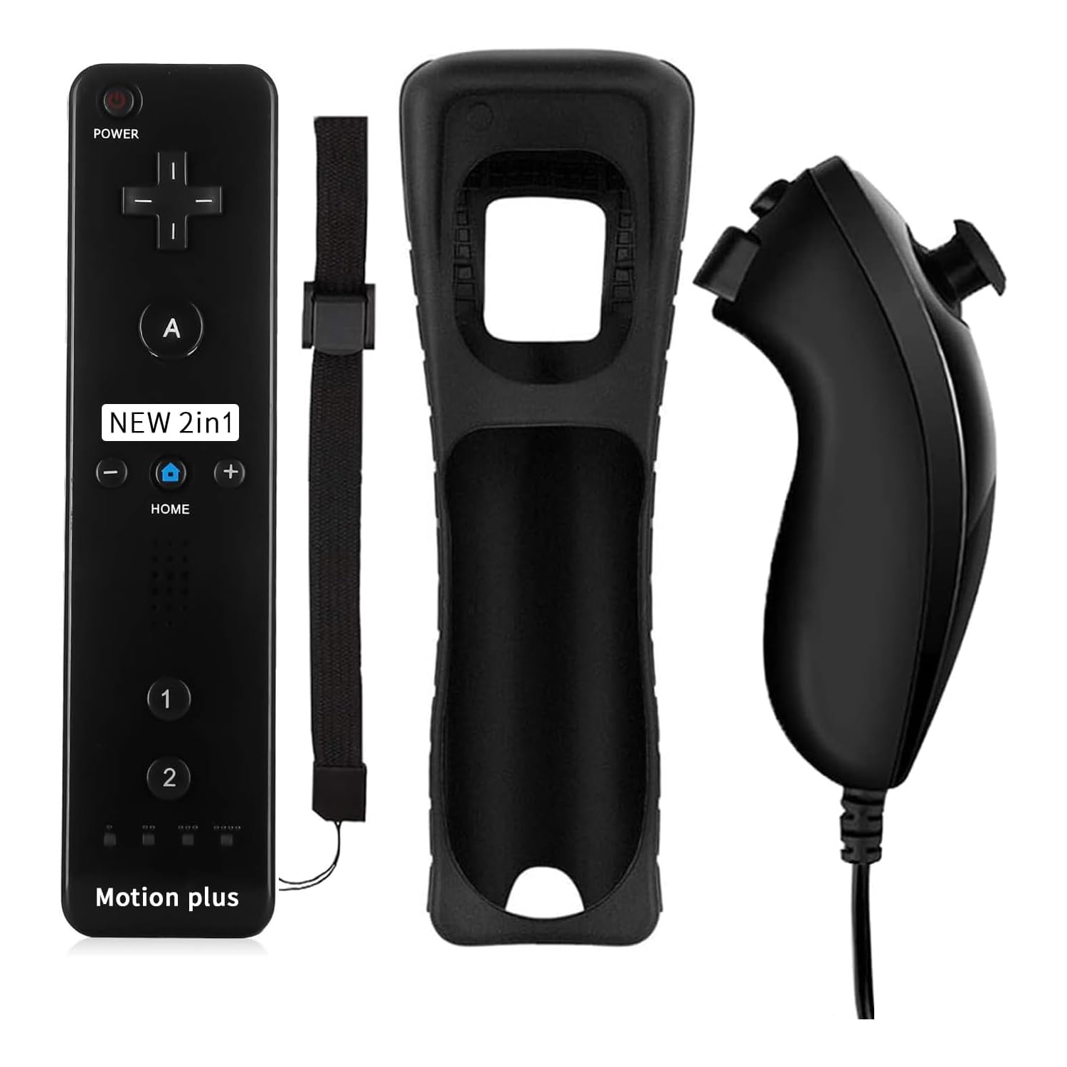 Télécommande Wii et manette Nunchuck avec étui en silicone et dragonne - Noir fin