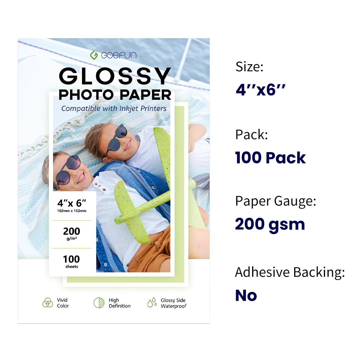 Papier photo 4x6, papier photo glacé 4x6 pour imprimante photo jet d'encre, 100 feuilles, papier photo épais 200&nbsp;GSM pour teinture