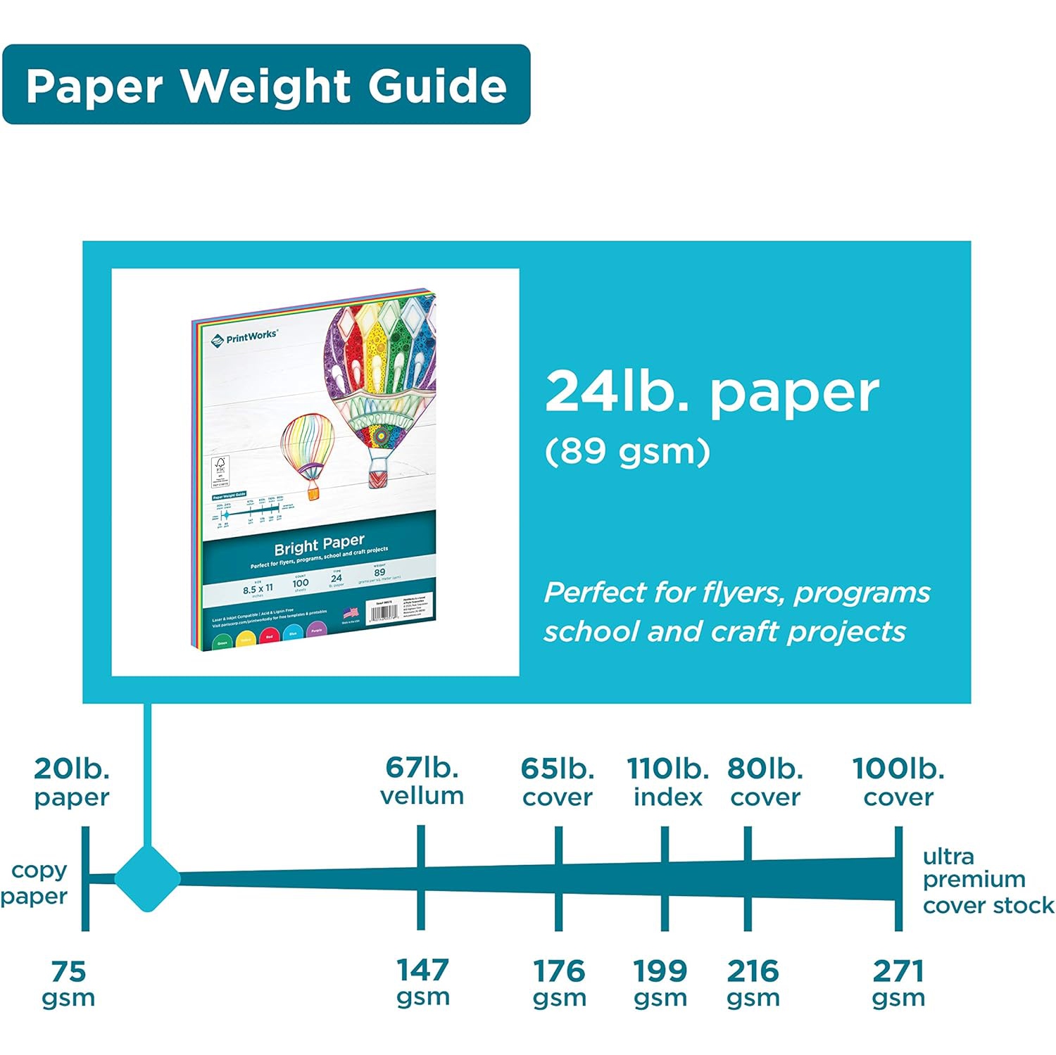 Printworks – Papier multiusage brillant, 8,5 x 11 po, 24 lb, couleurs ornées, 100 feuilles