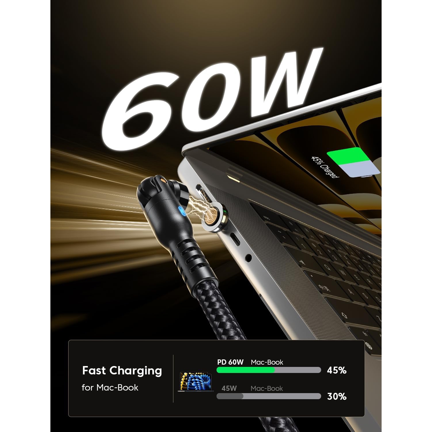 Câble de chargement magnétique USB-C 60&nbsp;W à chargement rapide, paquet de 2, chargeur magnétique de téléphone pivotant à 540° de type C